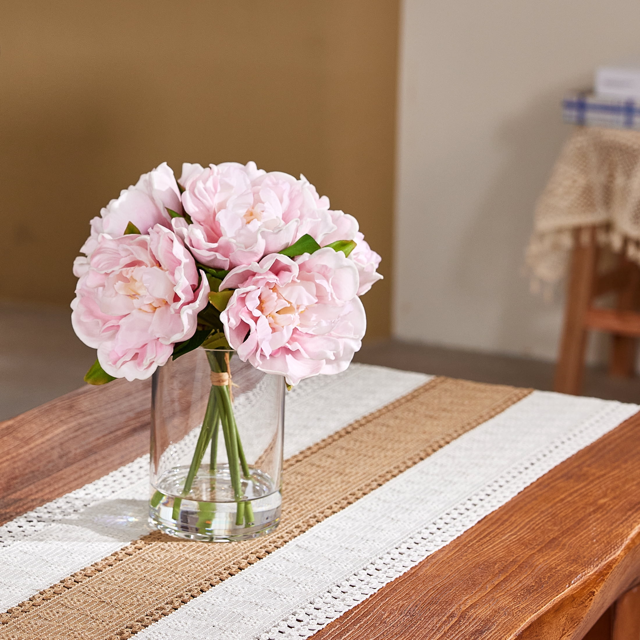 DR.Planzen Artificial Peony Flower Arrangement with Glass Vase (Pink, 10.6 in) 0ln0c