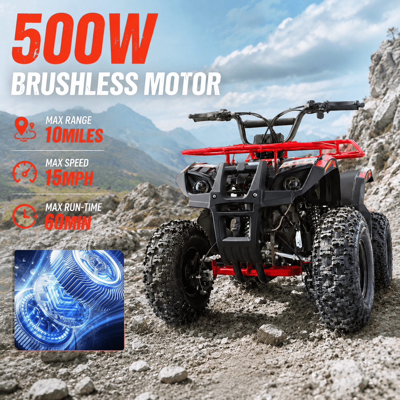 HOVER HEART Electric Dirt Quad, 500W Off-Road 4-Wheeler with Dual Suspension (Red, 143 lb Capacity) my324