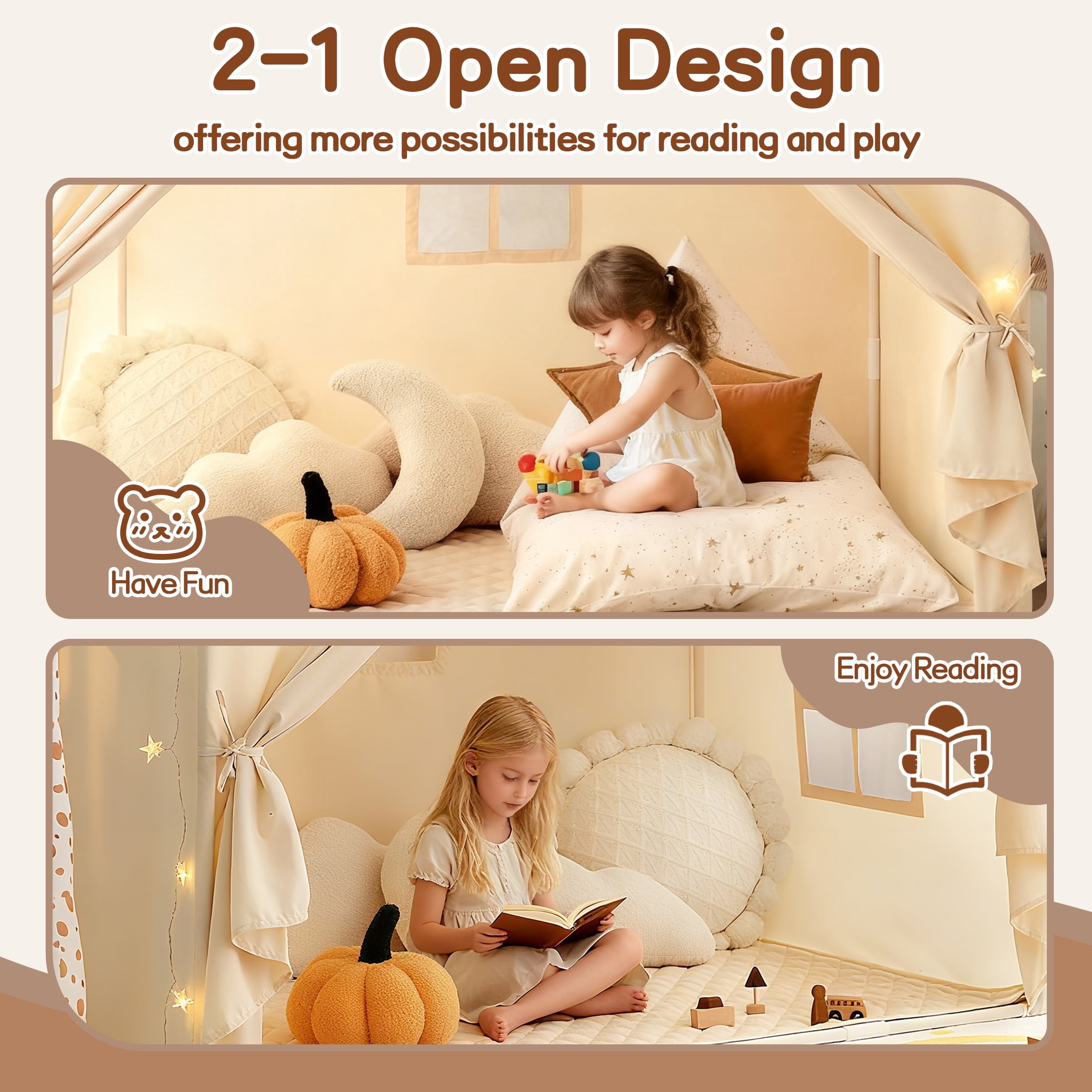KOPPOP Toddler Playhouse Indoor Outdoor Play Tent with Star Lights (Beige, 50 in x 33 in x 48 in) ocetu