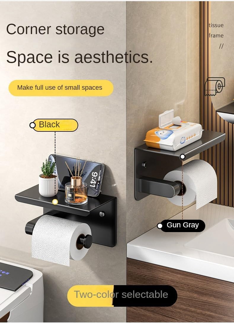 Carestrong Stainless Steel Toilet Paper Holder with Phone Shelf (Black, 7.1 in x 3.9 in) ow2ql
