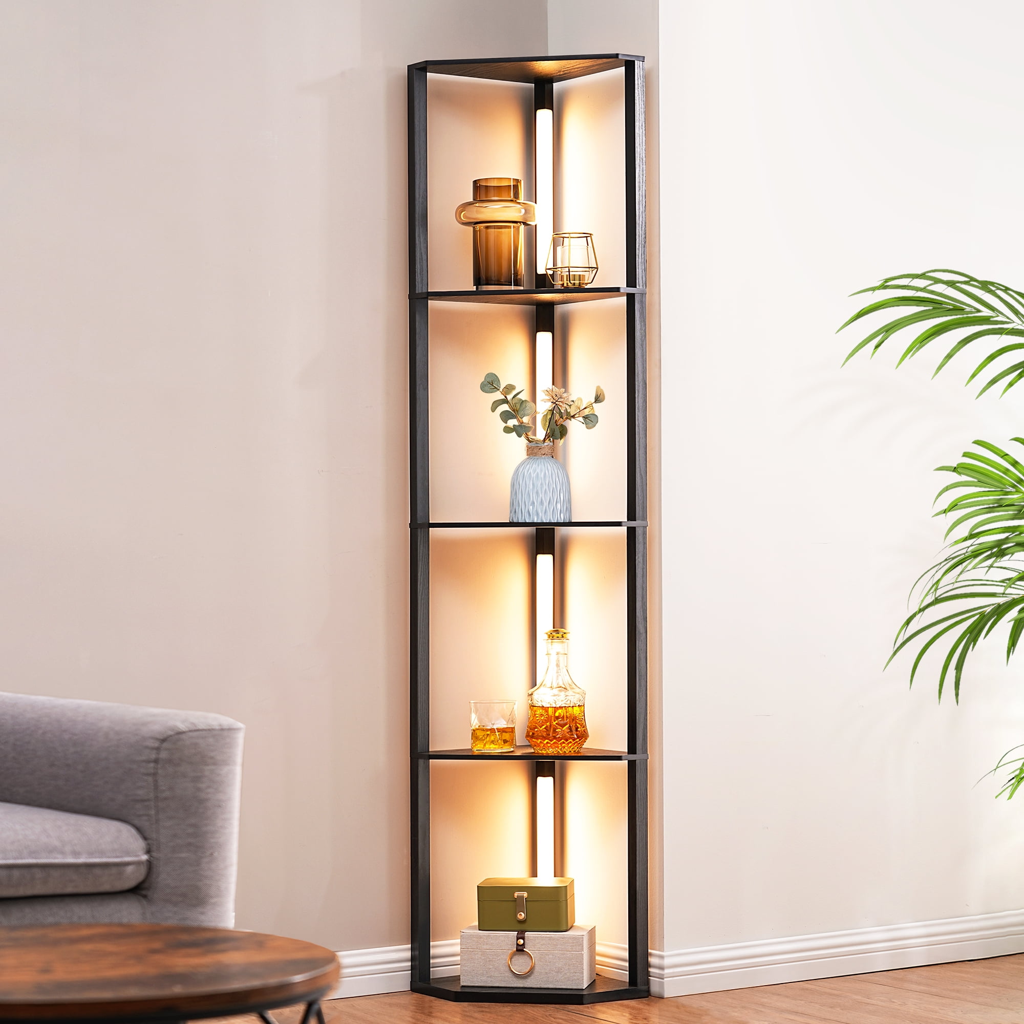 EDISHINE LED Shelf Floor Lamp, Modern Corner Standing Light with 4-Tier Storage Shelves, 3-Color Temperature & Dimmable (Black, 64.2 in) fwj29