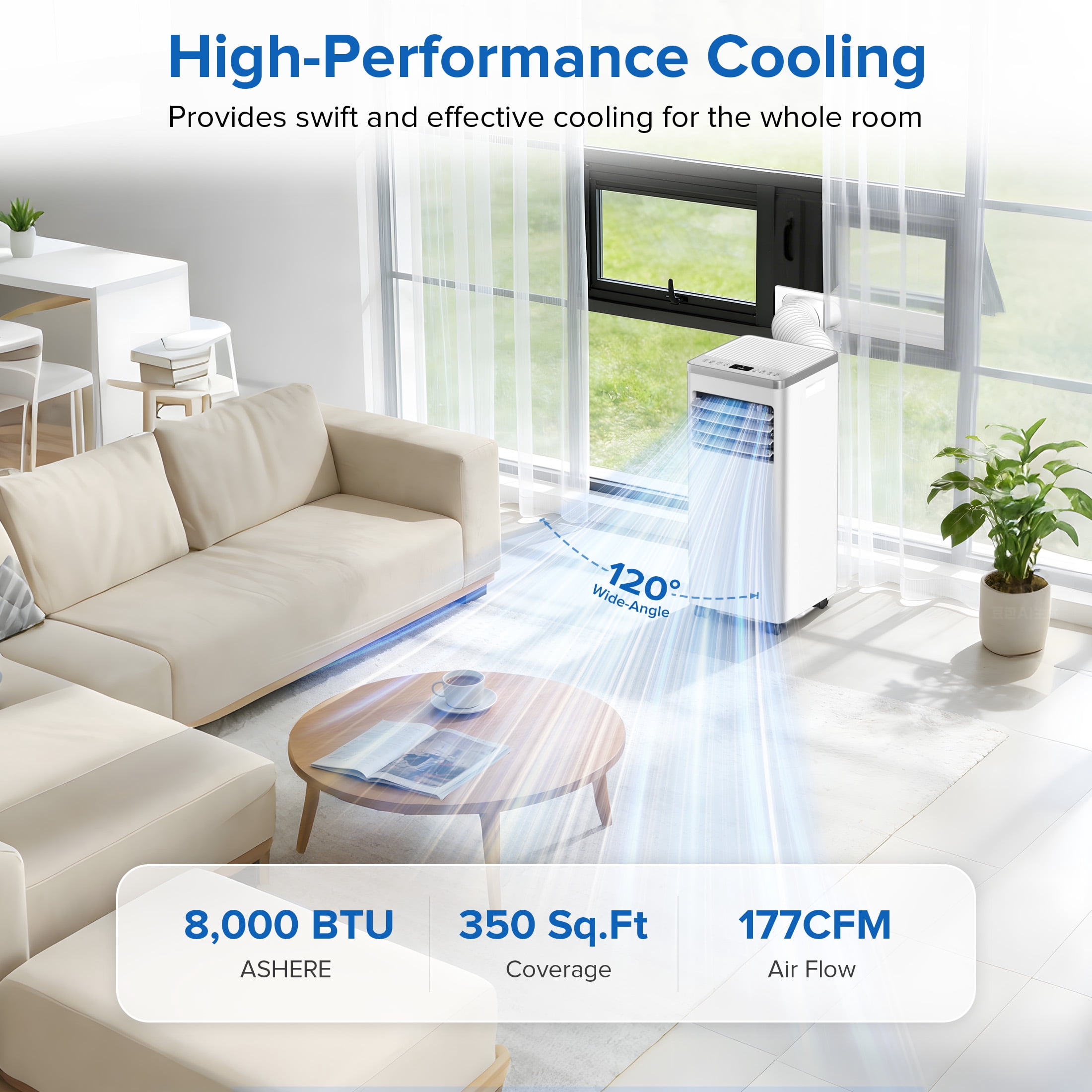KissAir Portable Air Conditioner, 4-in-1 Quiet Cooling Unit with Dehumidifier, Fan, and Sleep Mode (8,000 BTU, 350 Sq. Ft) 6cagl