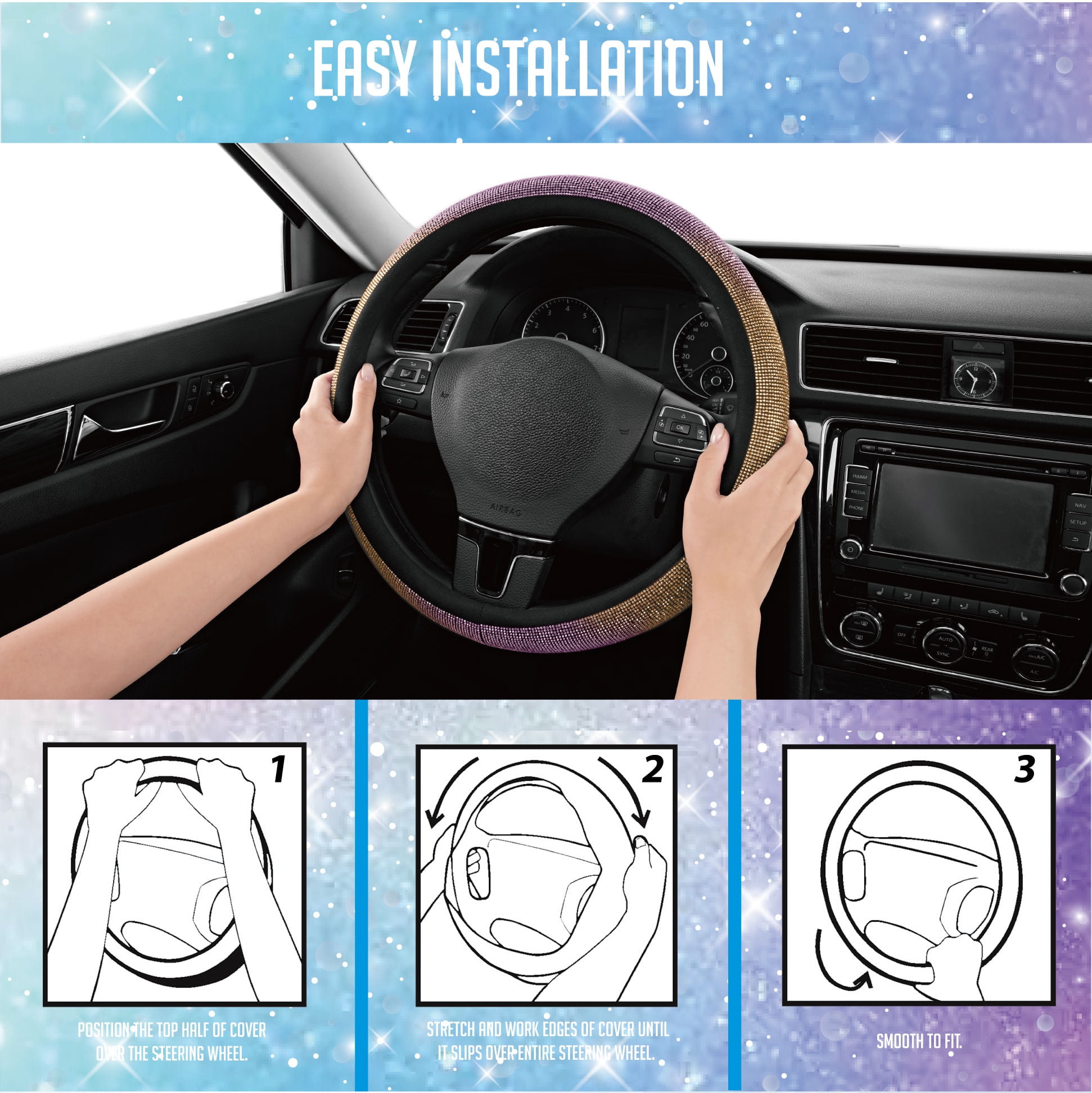 Auto Drive Bling Diamond Steering Wheel Cover, Sparkly Crystal Rhinestone Grip, Universal Fit for Cars and SUVs (Pink, 15 in) 8ulvh