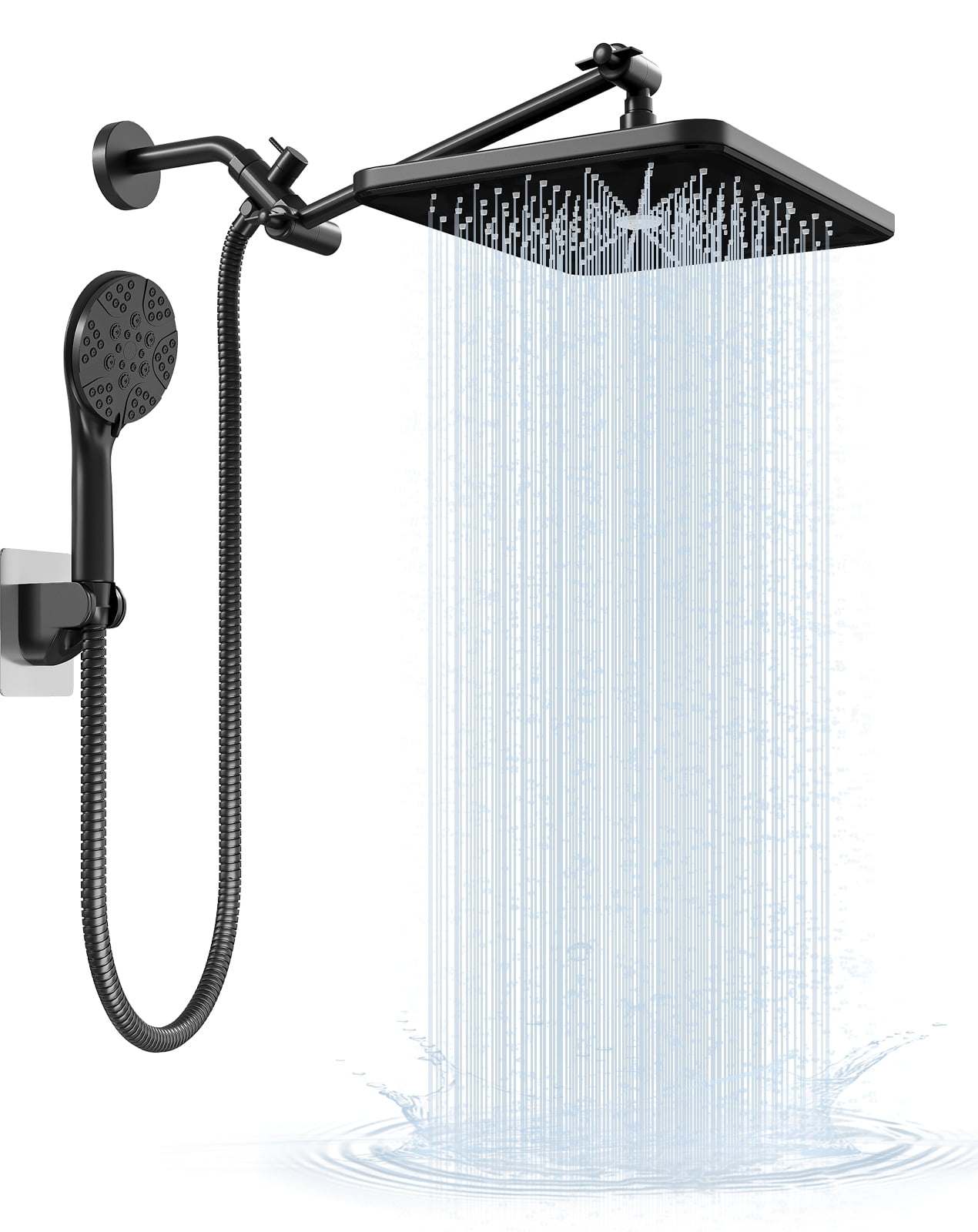 IUSU 12 in Rainfall Shower Head Combo, High Pressure Handheld Showerhead with Adjustable Extension Arm (Black, 12 in) 2wisl