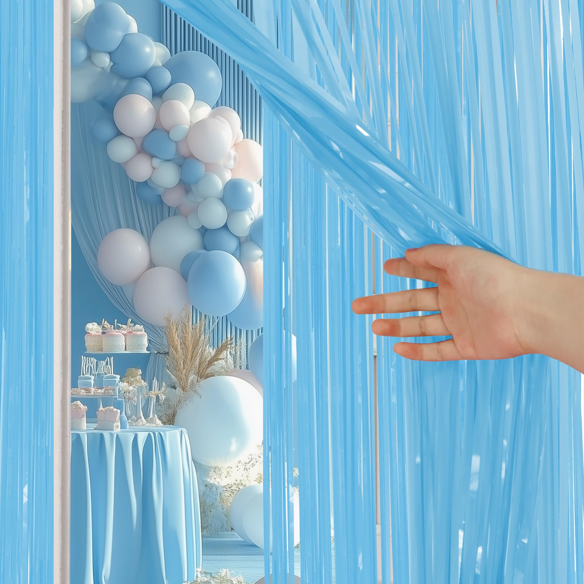 GLSDBT Metallic Foil Fringe Curtains Party Backdrop Streamers (Light Blue, 4 Pack 3.3x6.6 ft) 0pejw