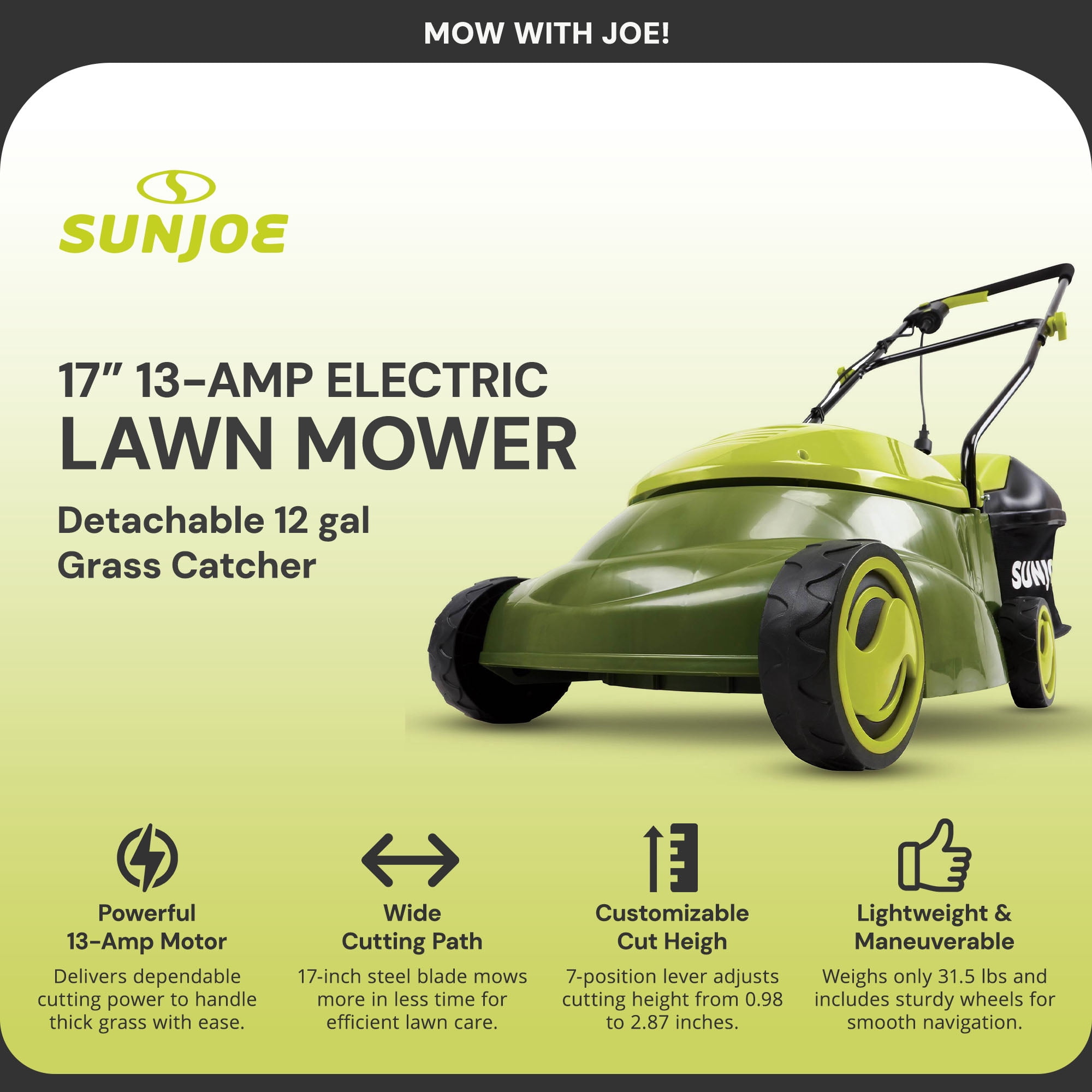 Sun Joe Electric Walk Behind Lawn Mower and Mulcher (Green, 17 in) ue9yu