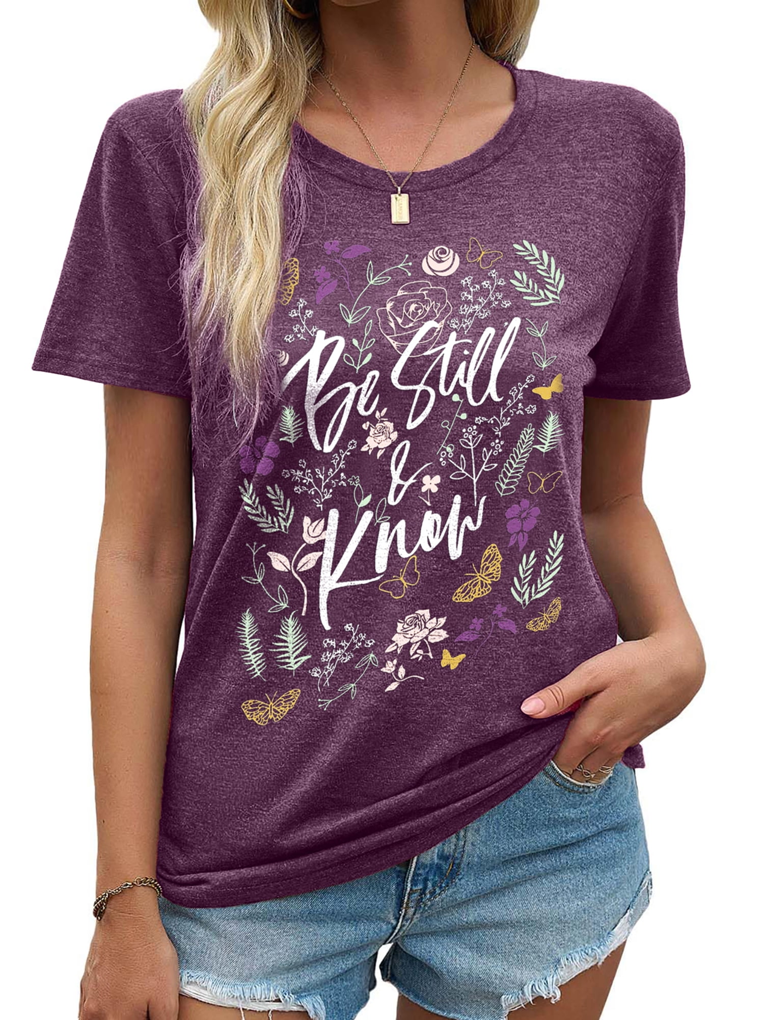 MOSHU Womens Graphic T-Shirt Round Neck Short Sleeve Loose Fit Casual Tee (Multi, L) bmou3