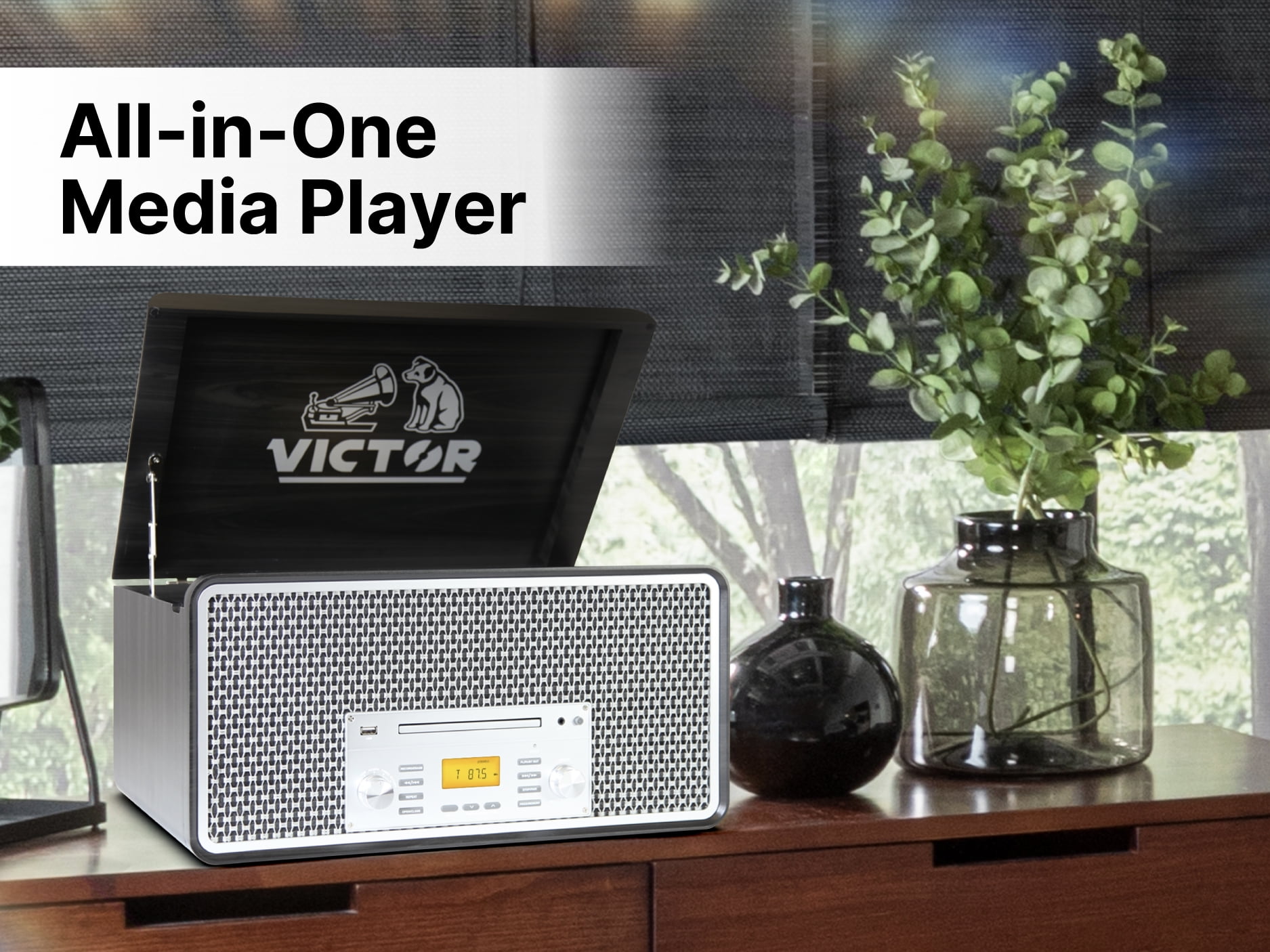 Victor 8-in-1 Music Center Record Player with Bluetooth, CD, Cassette, and AM/FM Radio (Graphite) uis0s