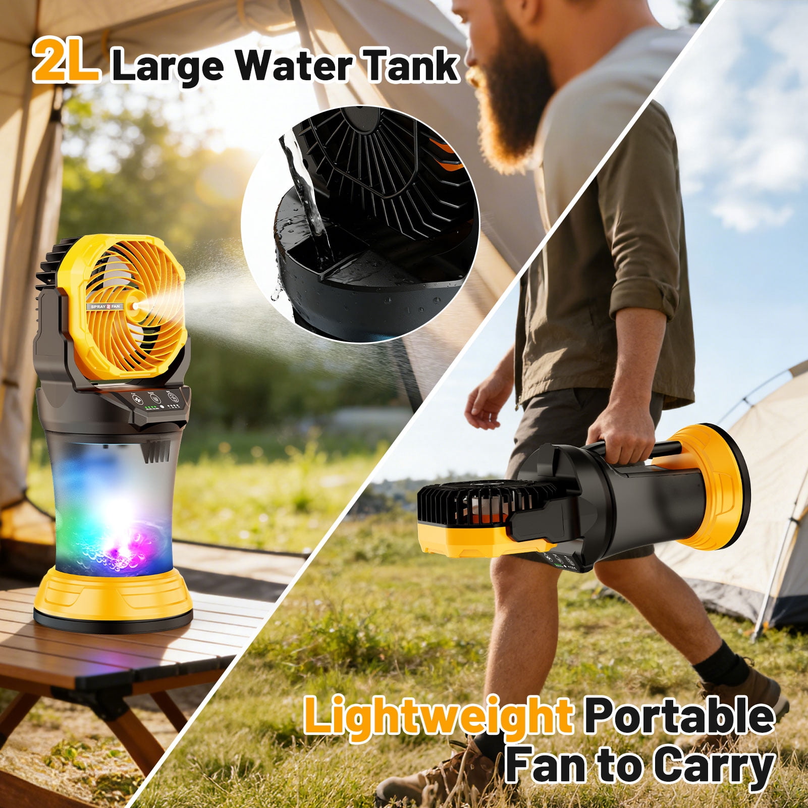 Fimilo Portable Misting Fan with RGB Light and 2L Water Tank (Yellow, 17.2 in) cibkb