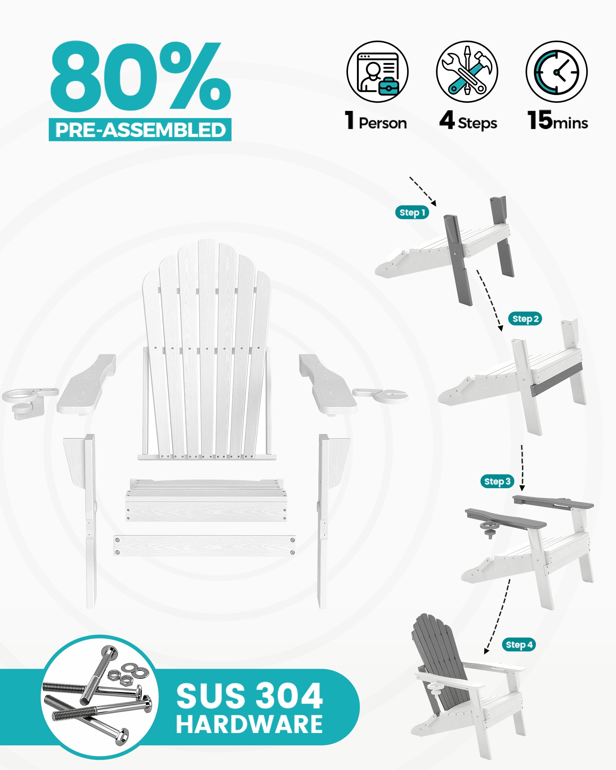 Cobiod Oversized Folding Adirondack Chairs, All-Weather HDPE Patio Seating with Dual Cup Holders (White, Set of 4) lss5e
