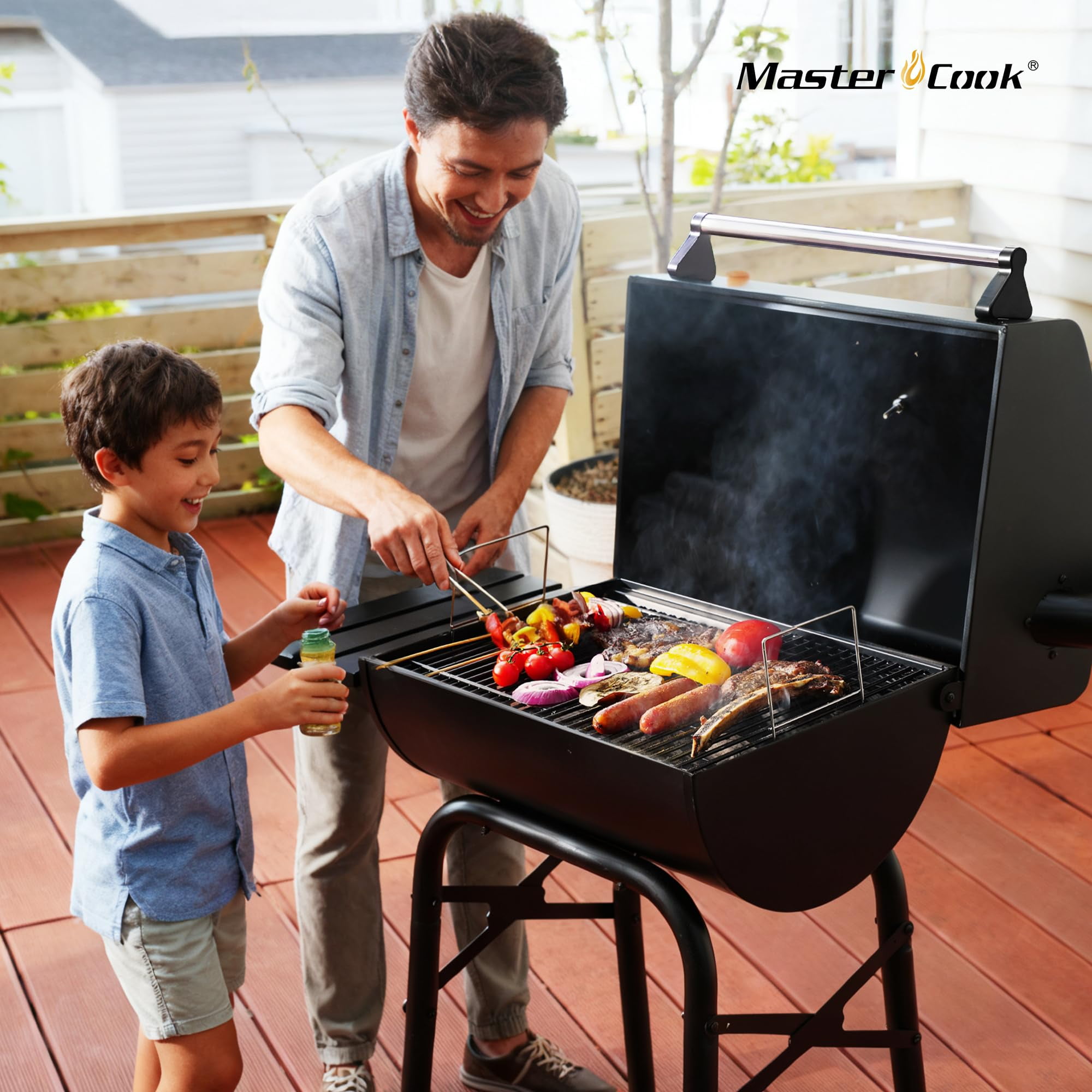 Master Cook Outdoor Barrel Charcoal Grill with Side Tables and Smoker (Black, 30 in) z33nm