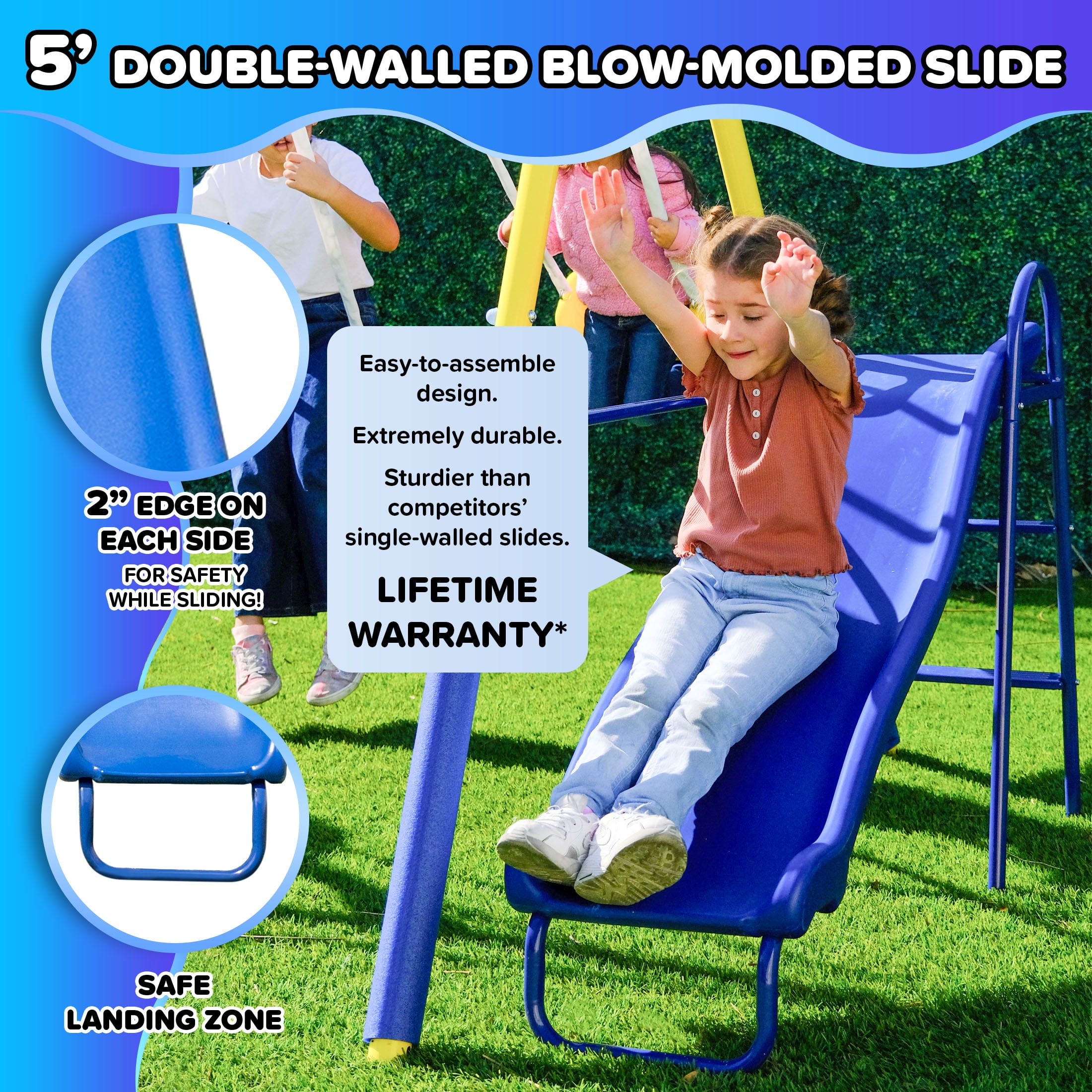 Sportspower Super Saucer Metal Swing Set with 2 Swings, 2-Person Saucer Swing, and 5 ft Slide (Blue, 12.2 ft L x 6 ft W x 5.9 ft H) xh31n