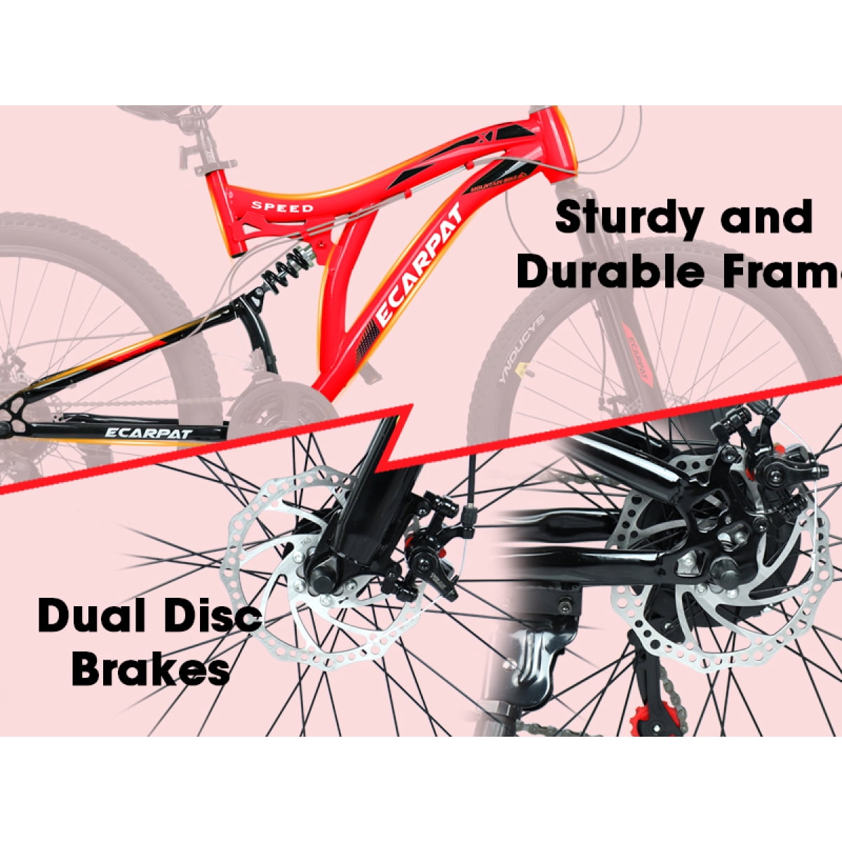 Dcmisas 26-Inch Mountain Bike, 21-Speed Full Suspension Steel Frame with Dual Disc Brakes (Red, 26 in) bi3ug