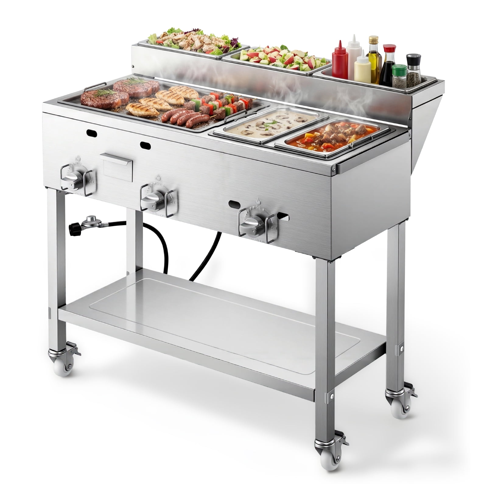 VEVOR Outdoor Propane Griddle, 3-Burner Commercial Stainless Steel Cooking Station with Warming Pans and Portable Cart (34,800 BTU) ednun