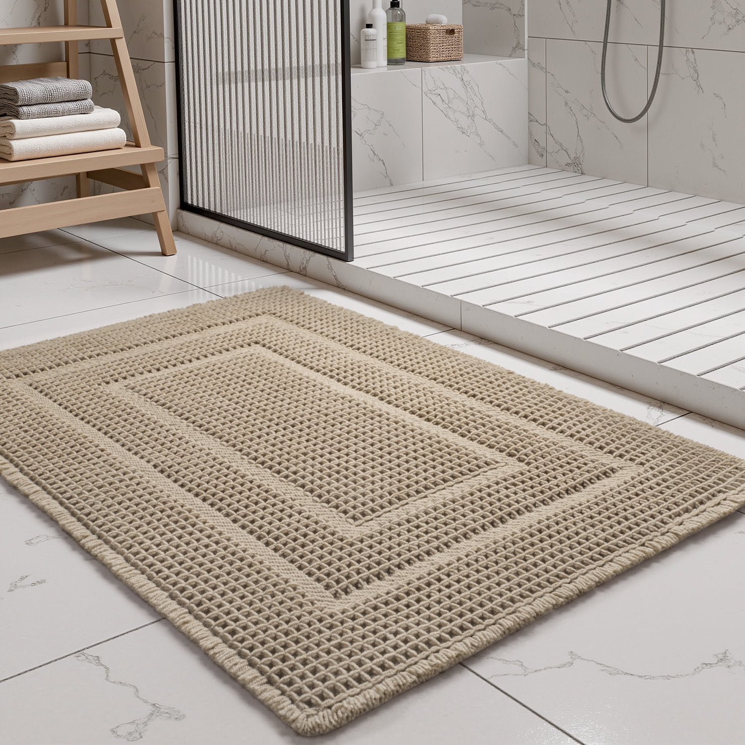 SIXHOME Waffle Bath Mat, Soft Absorbent Non-Slip Bathroom Rug with Rubber Backing, Boho Tassel Style (Brown, 18 in x 30 in) vpumd