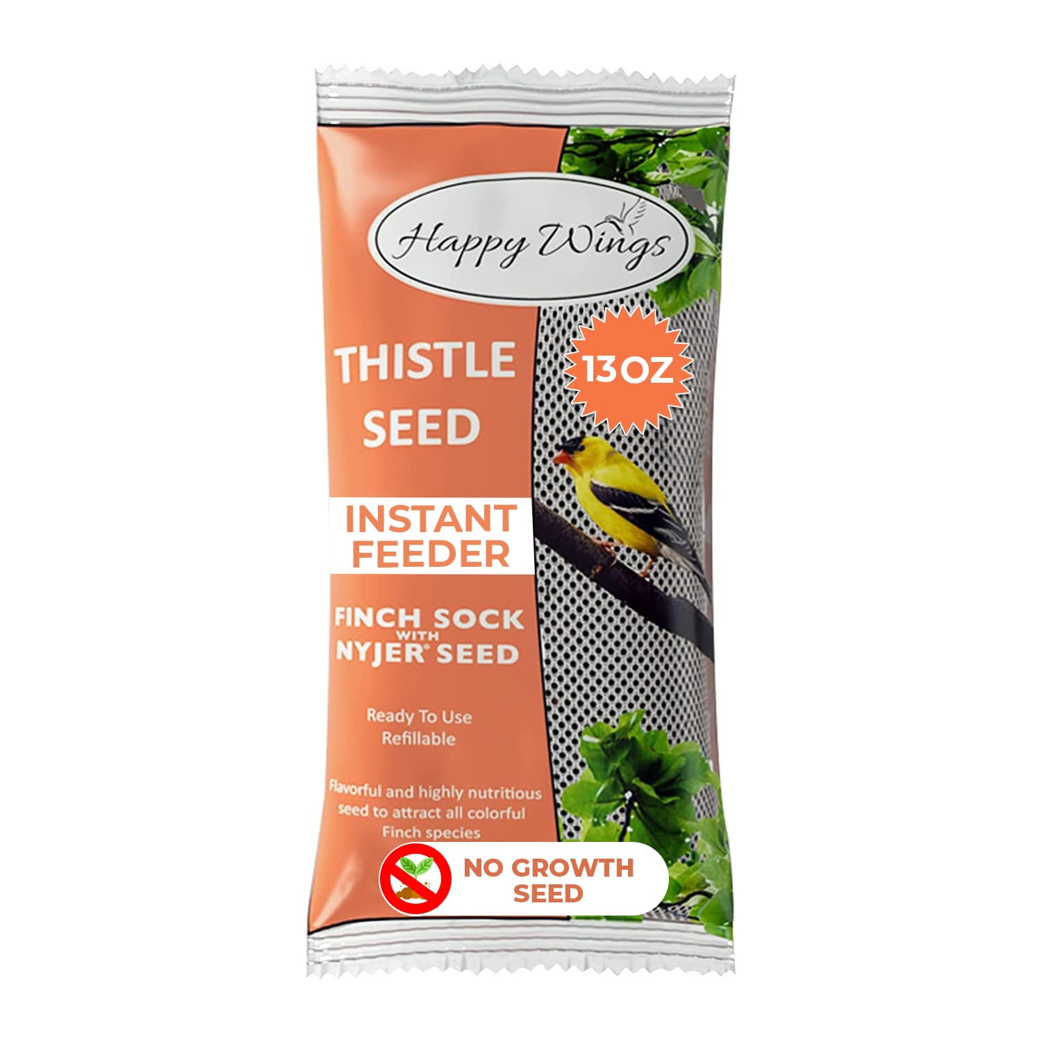 Happy Wings Thistle Seed Prefilled Bird Feeder Sock (Nyjer Seed, 13 oz) 6oc7o