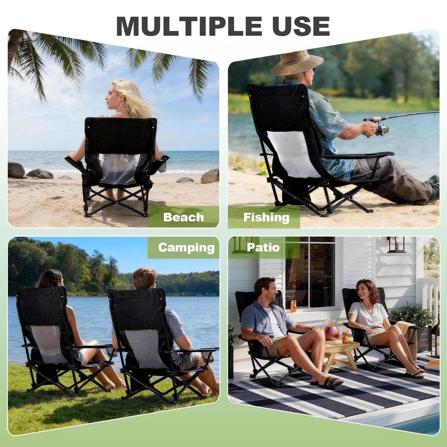 Walchoice Low Beach Chair, Heavy Duty Folding Camping Chair with High Back, Detachable Pillow, and Cup Holder (Black, 30.7 in Wide Seat) appdq