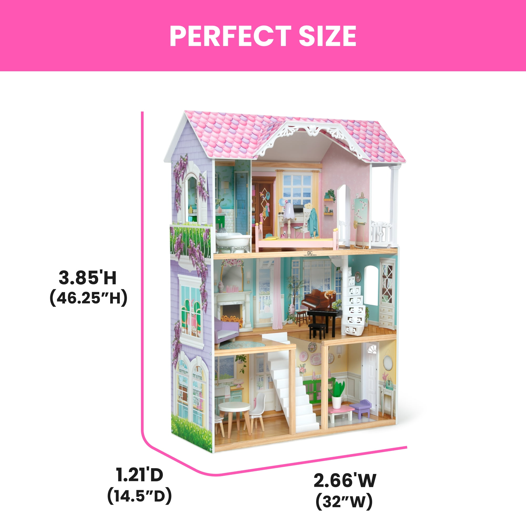 Delta Children MySize Wooden Dollhouse (Pink, 33 in W x 14.5 in D x 46.3 in H) pahsq