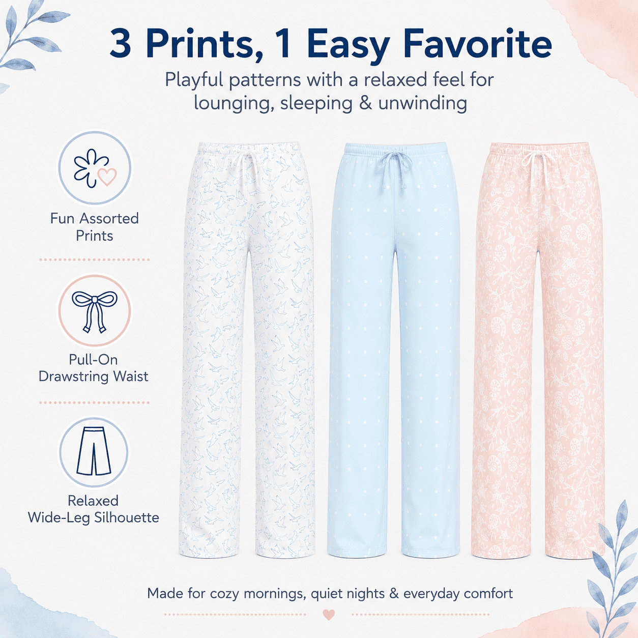 Daresay Women’s Lounge Pants 3-Pack, Soft Stretch Pajama Bottoms with Adjustable Drawstring Waist (Blue, S) l1i9e