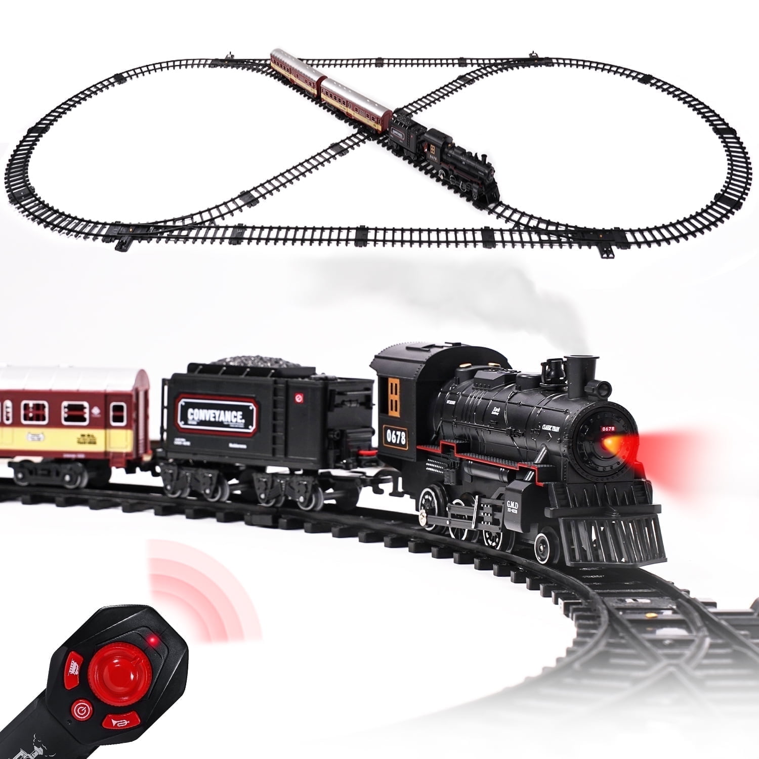 AUOSHI Electric Train Set with Remote Control, Steam Locomotive Engine with Lights, Sounds, and Smoke (71 in x 31 in) icsl7