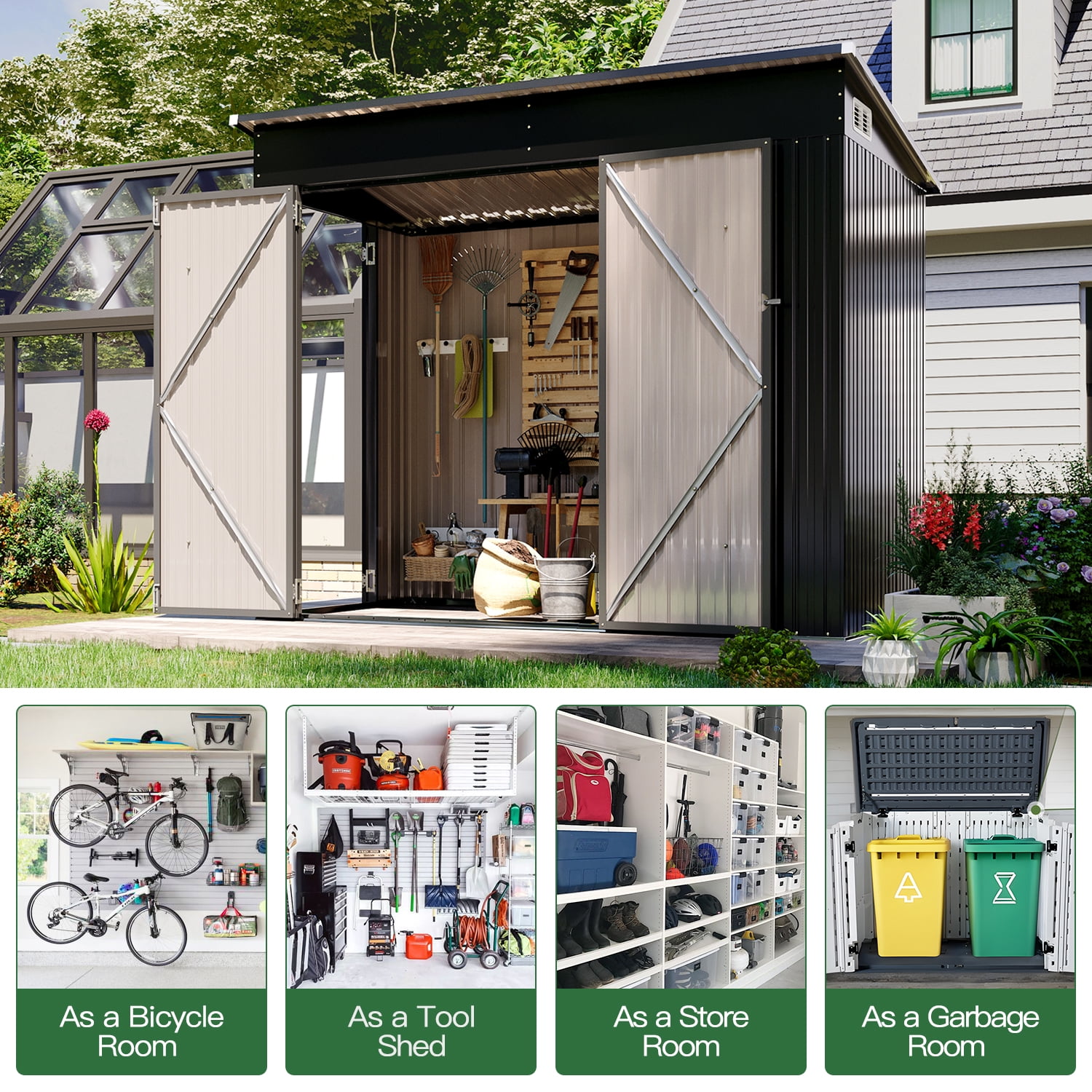 BaPiPro Metal Storage Shed, Outdoor Garden Tool Organizer with Triple Lockable Doors and Vents (Black, 8 ft x 4 ft) 89c66