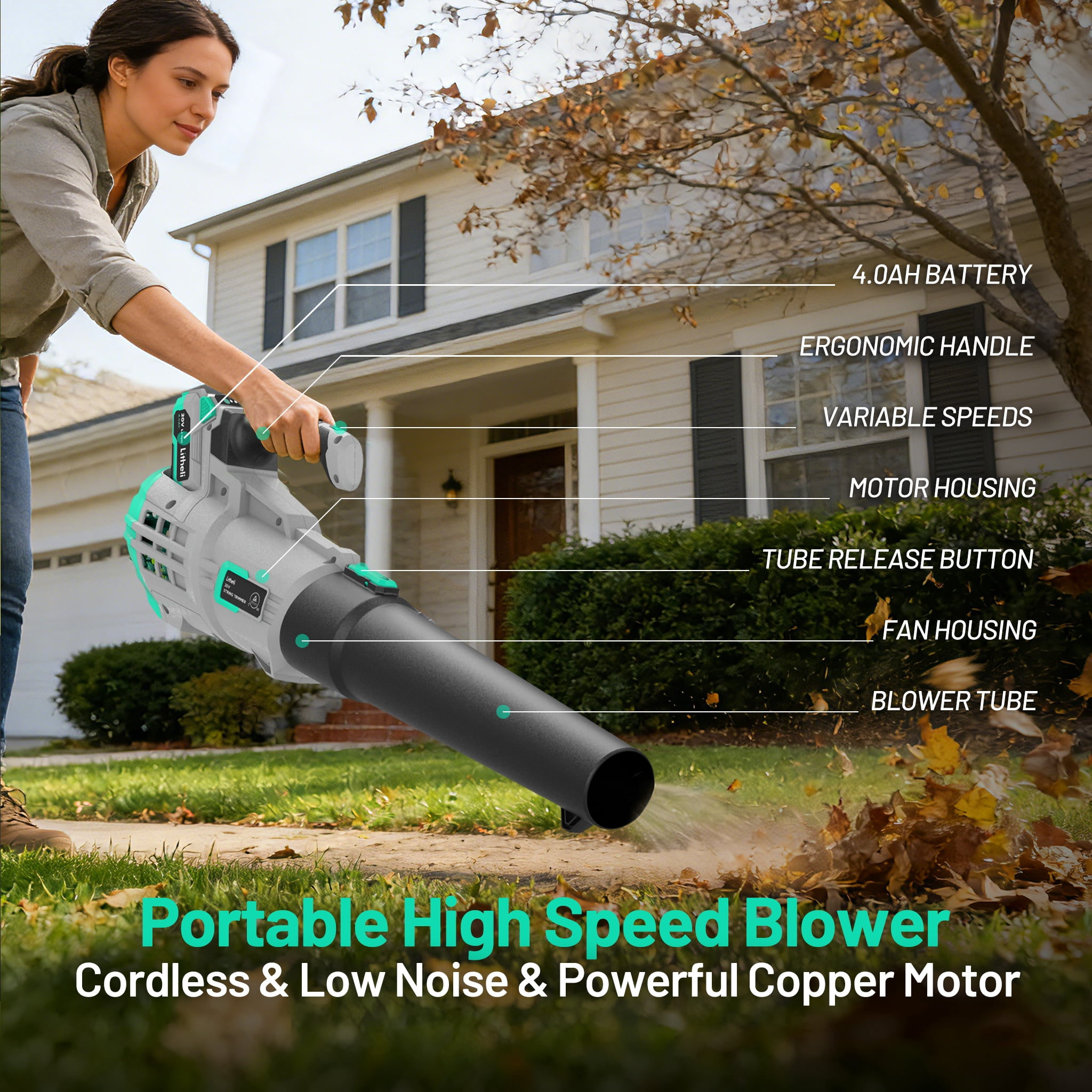 Litheli 20V Cordless Leaf Blower, 350CFM 2-Speed Turbine Electric Blower for Lawn and Yard Maintenance (4.0Ah Battery and Charger Included) 9bjkt