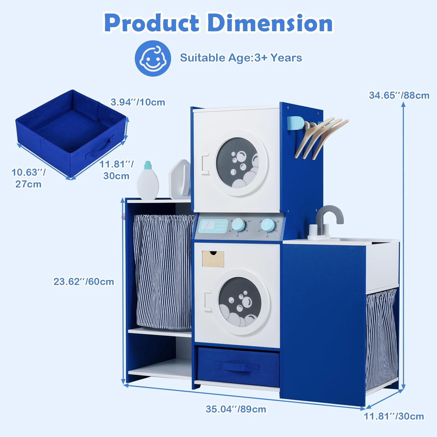 Olakids Kids Toy Washing Machine Playset, Wooden Pretend Laundry Center with Ironing Station and Accessories (Blue, 35 in x 12 in x 36 in) zg9cy