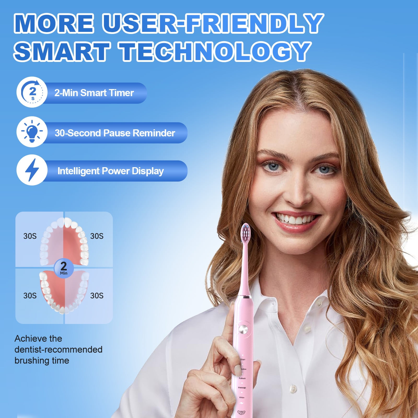 JTF Sonic Electric Toothbrush with Travel Case and 6 Brush Heads (Pink, 1 Pack) ez4fh