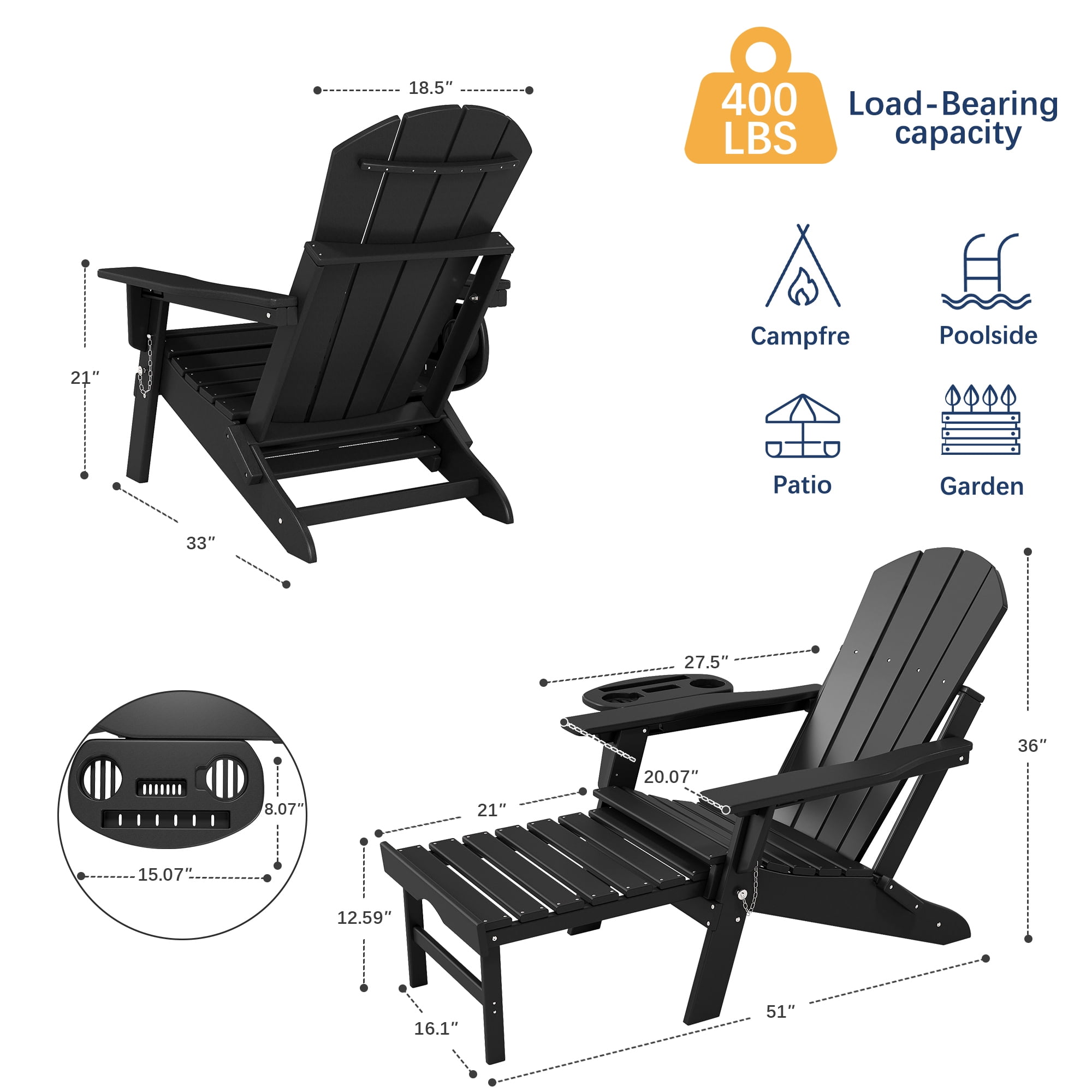 FOOWIN Folding Adirondack Chair with Retractable Ottoman, Adjustable Backrest HDPE Patio Chair with Cup Holder Tray (Black) ltl1r