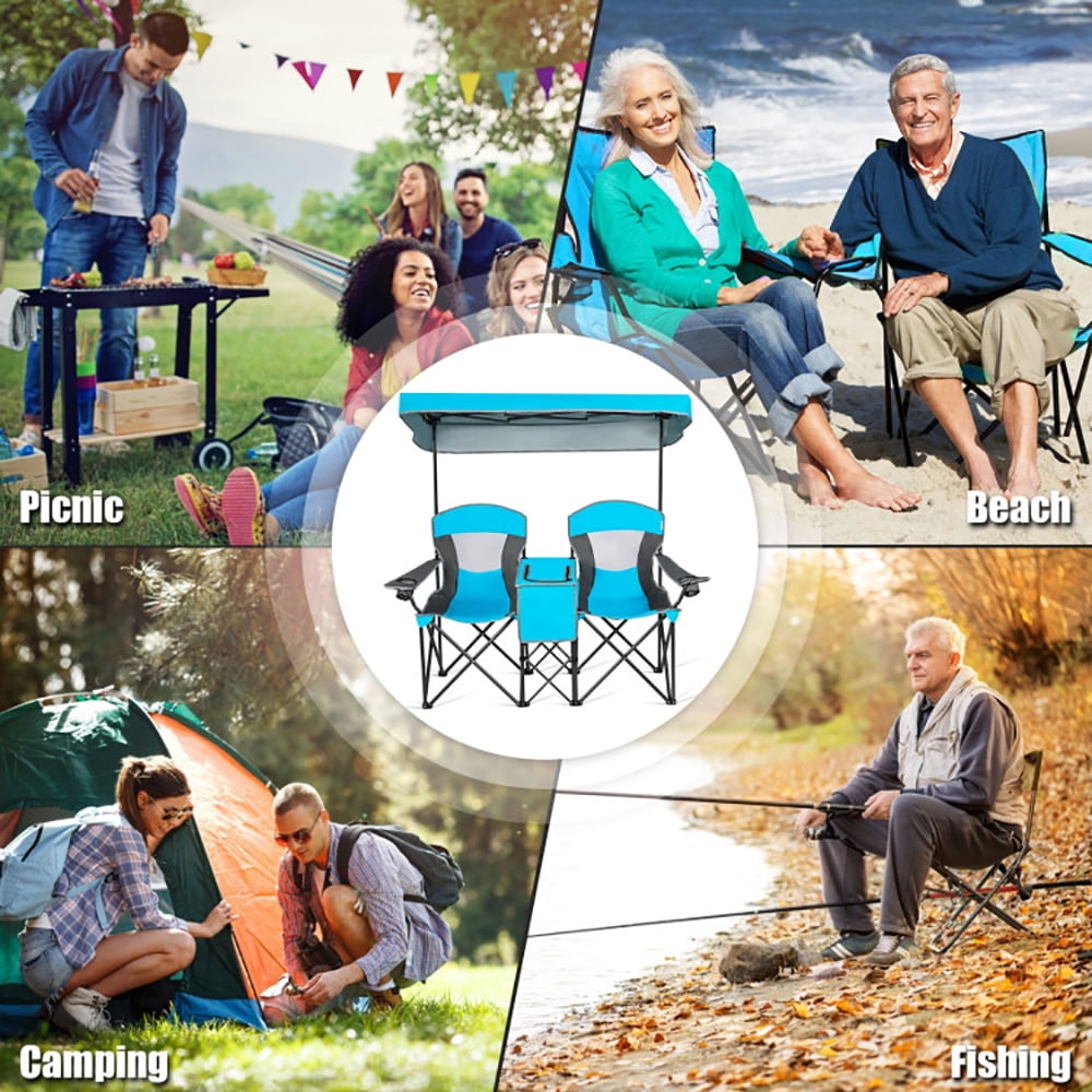 YYAO Portable Folding Camping Chair with Canopy and Cooler Bag (Blue, 265 lb Capacity) kac6z