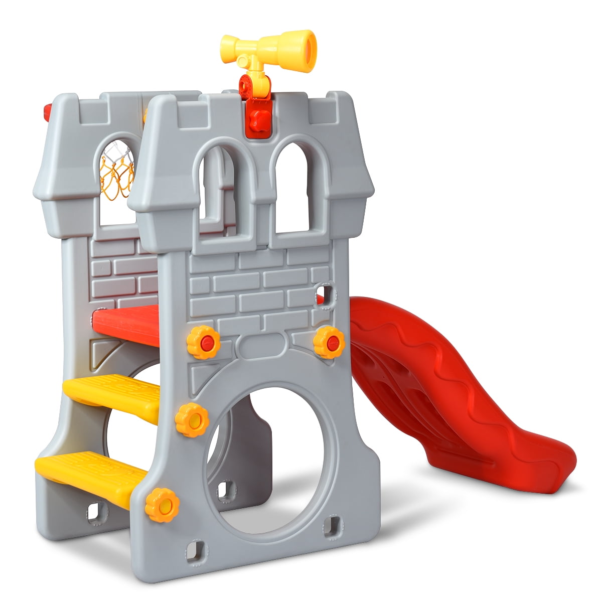 Costway Kids Castle Play Slide with Basketball Hoop and Telescope (Red, 54.5 in x 36.5 in x 45 in) fgnss