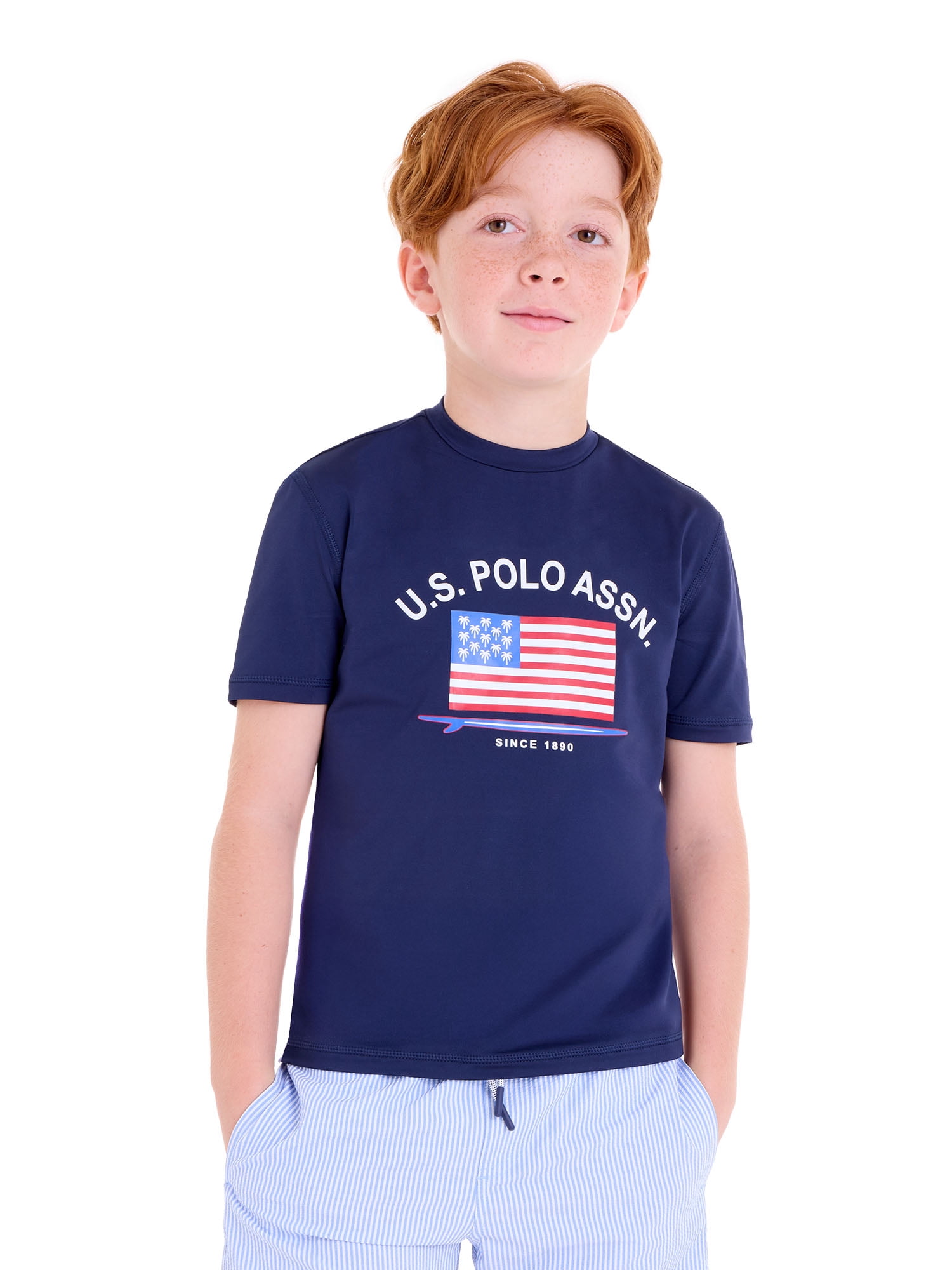 U.S. Polo Assn. Boys Short Sleeve Flag Print Rash Guard (Blue, Size 4-18) a2nfp
