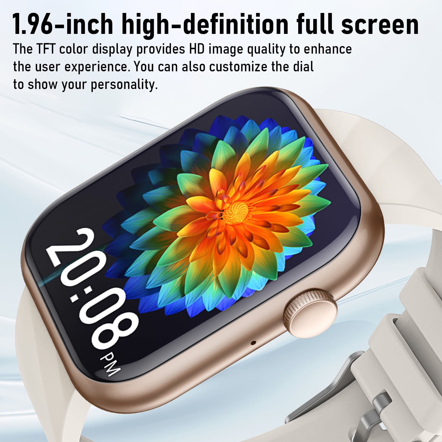 Visentor Smart Watch Fitness Tracker with Bluetooth Calling and 4 Interchangeable Bands (Gold, 1.96 in) r3ihs