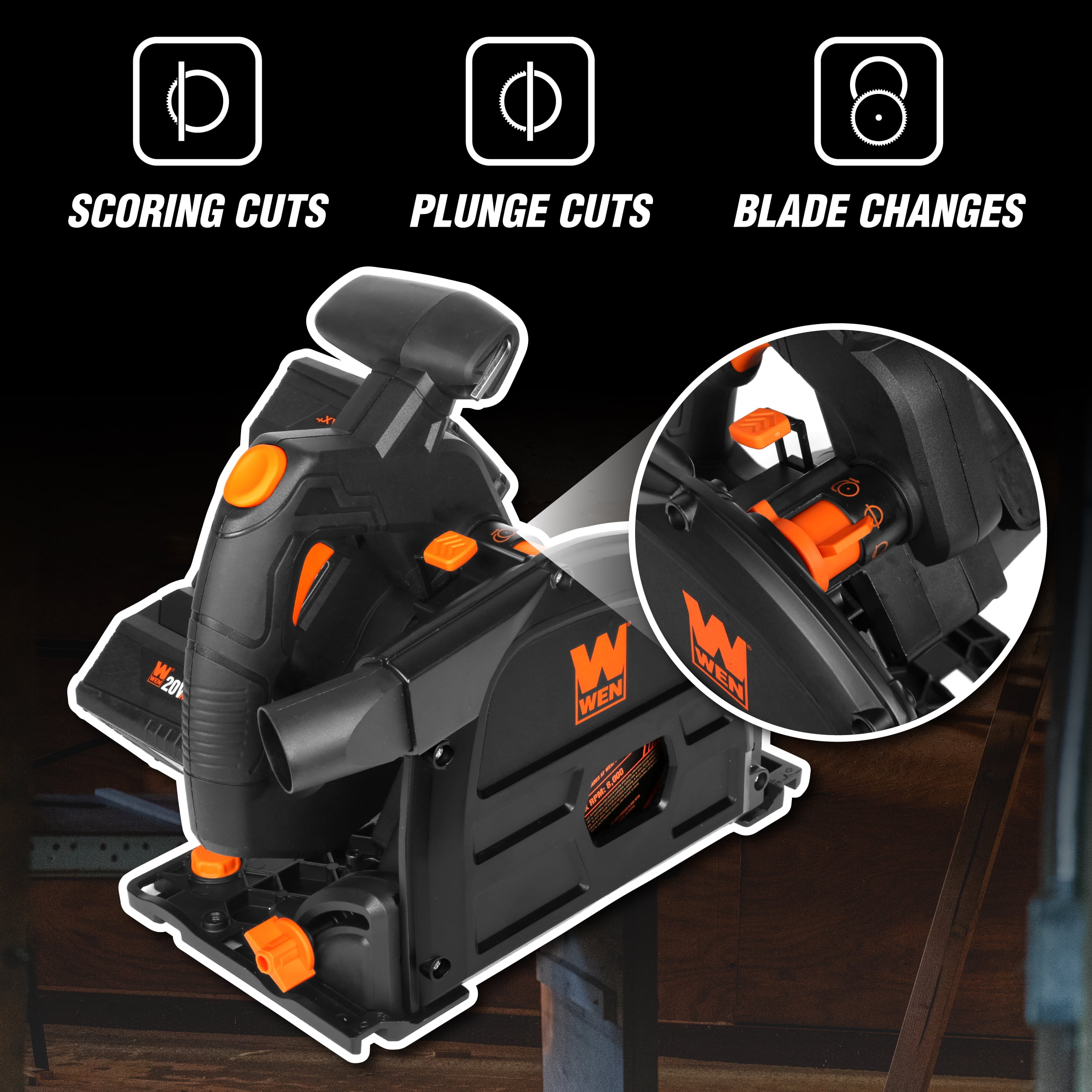 WEN 20V Max 6.5-Inch Cordless Brushless Plunge Cut Track Saw (Variable Speed, Tool Only) qrm2k