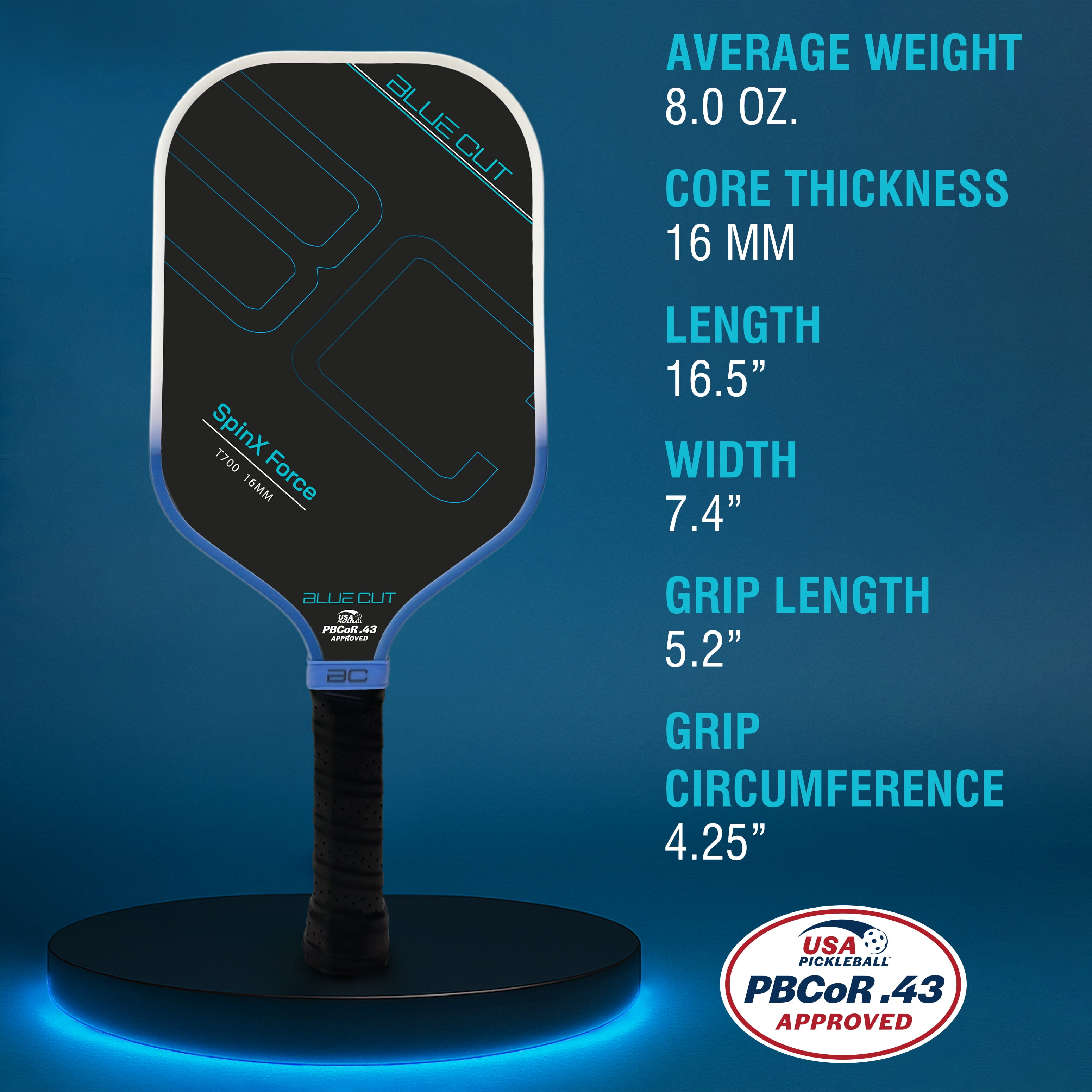 BLUE CUT Pickleball Paddle T700 Carbon Fiber Racket (Blue, 16mm Honeycomb Core) tpont