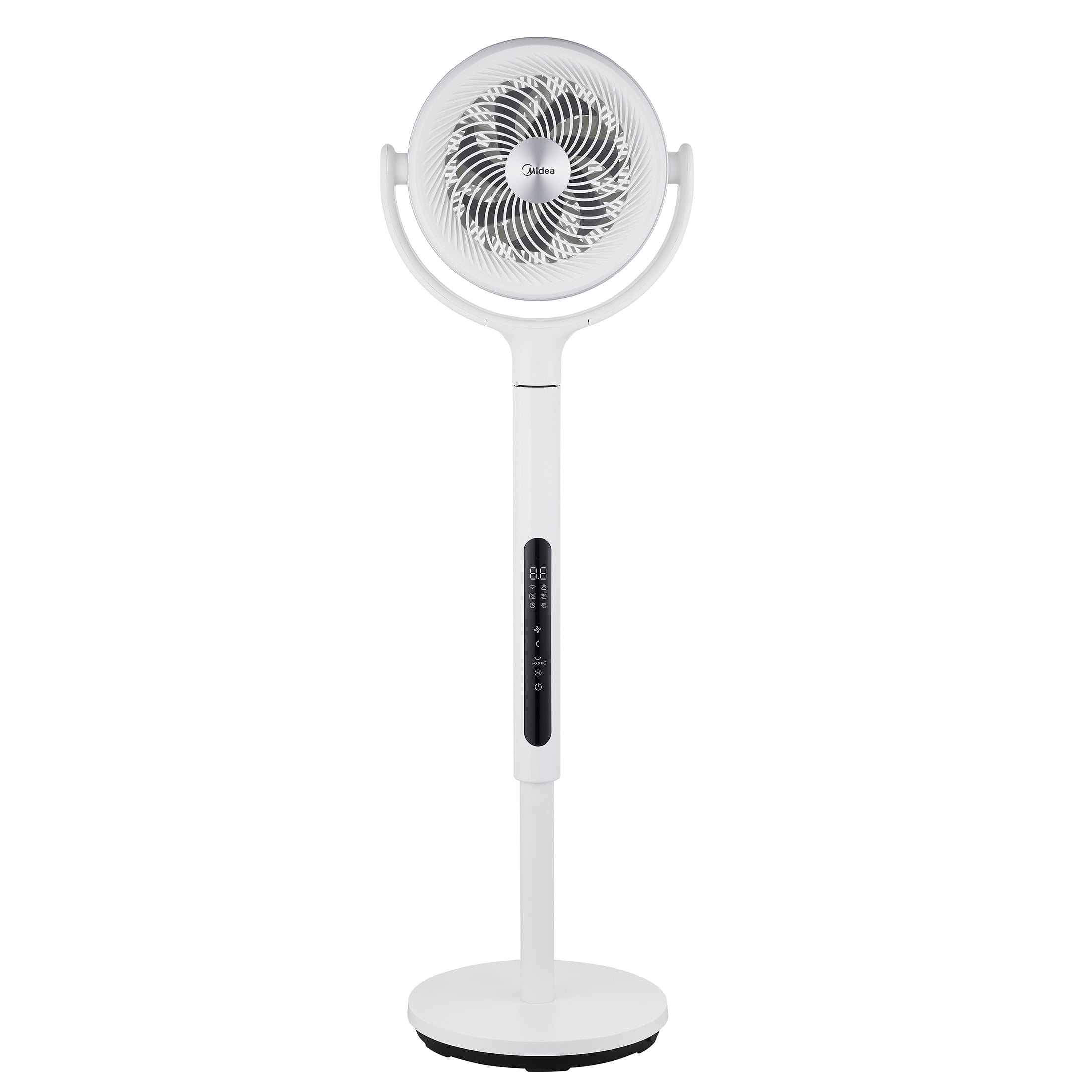 Midea Smart Pedestal Fan with Remote, 12-Speed Adjustable Height Oscillating Cooling Fan (White, 33.9-44.1 in) to45o