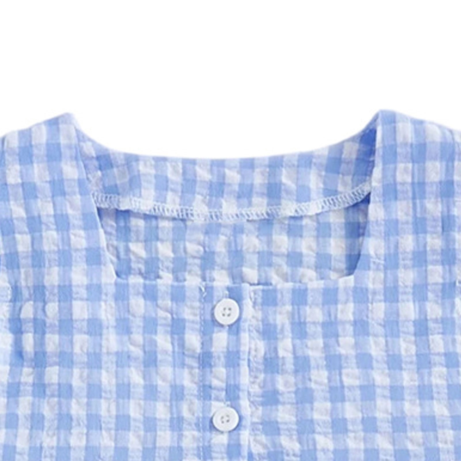 BLVB Toddler Girls 2-Piece Outfit Set Ruffle Sleeve Top and Plaid Pants (Blue, 2T) dy8ae