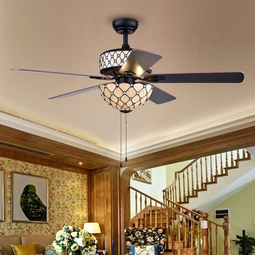 Tohva 52-Inch 5-Blade Ceiling Fan with 6-Light Ivory Tiffany Shade (Matte Black, 52 in) ej5ya