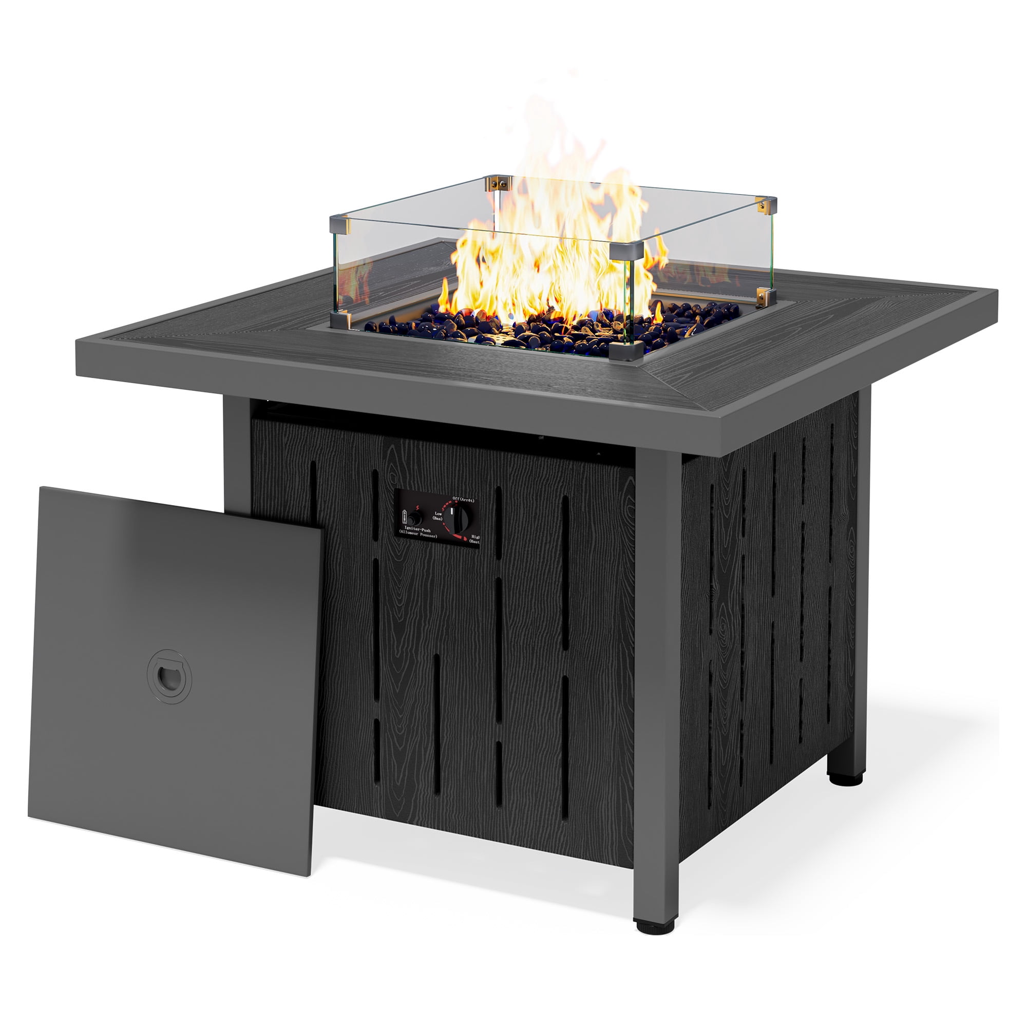 SERWALL 33 in Square Propane Fire Pit Table with Glass Wind Guard and Lid (Black, 50,000 BTU) s92h0