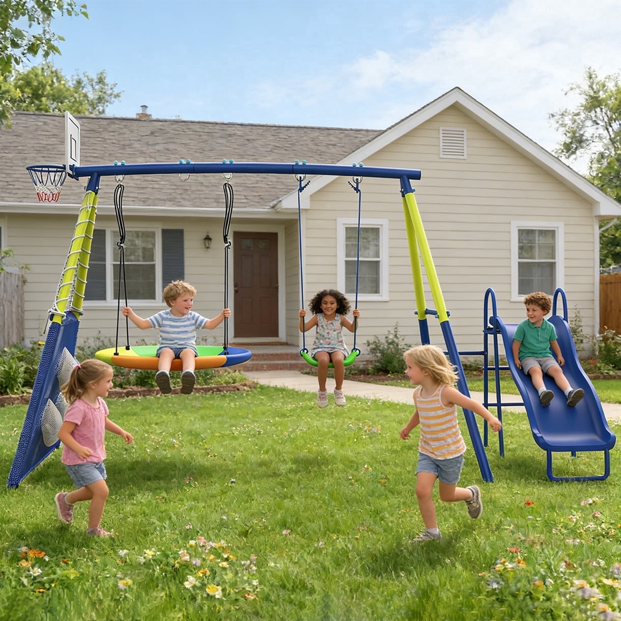 Shengchao Trade Metal Kids Swing Set with Heavy-Duty Outdoor A-Frame (Blue, 136 in x 67.7 in x 75 in) in0sb