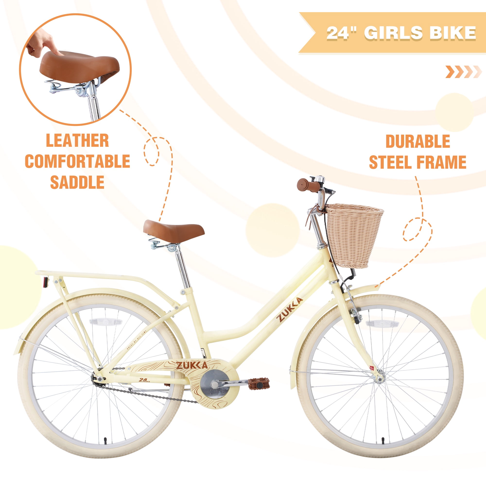 Holaki 24 in Kids Beach Cruiser Bike, Steel Frame Commuter Bicycle with Basket and Rack (Yellow, 24 in) 00kr9
