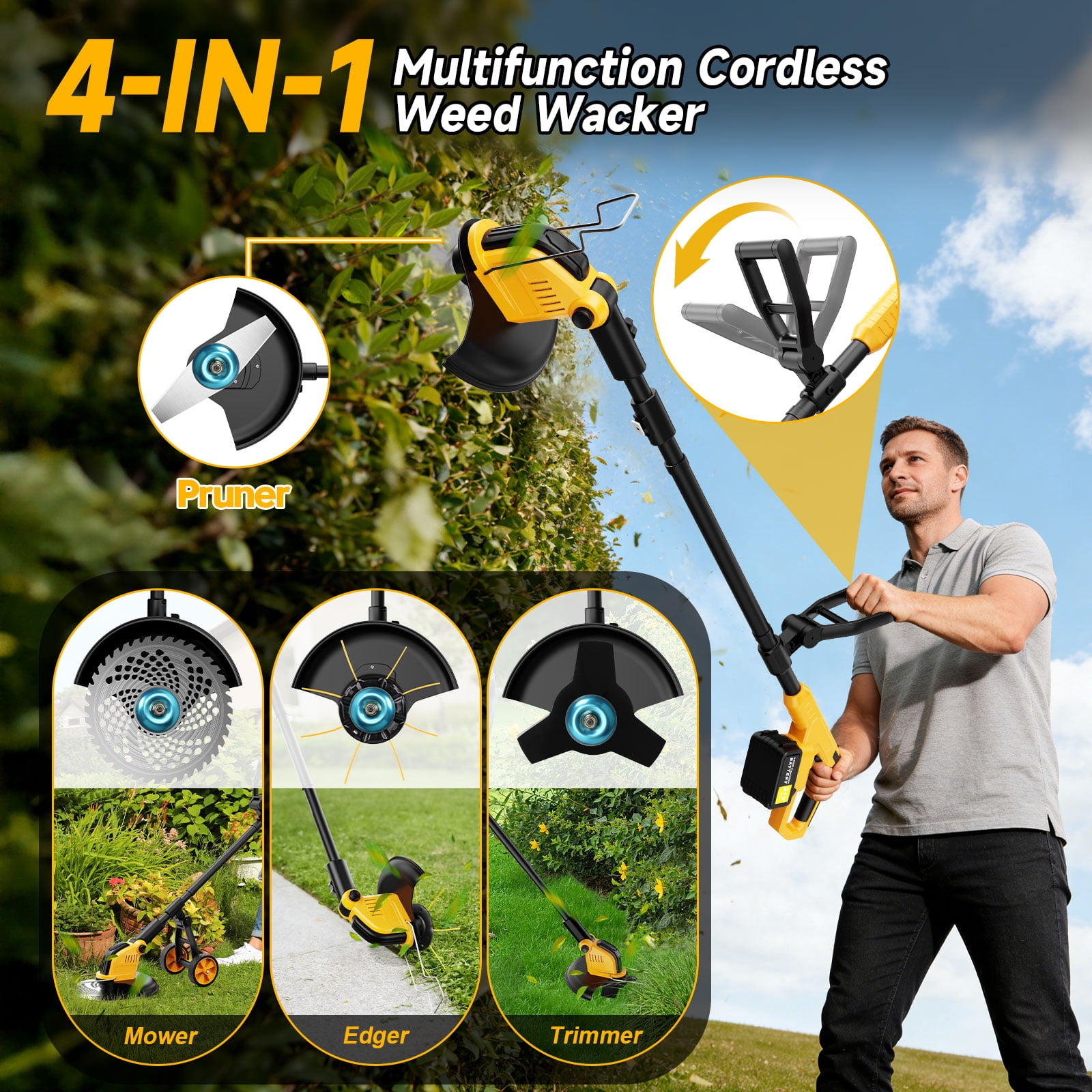 Lemolifys 12-inch Cordless Brushless Weed Eater with Wheels and 5 Blades (Yellow, 21V Battery) b80p4