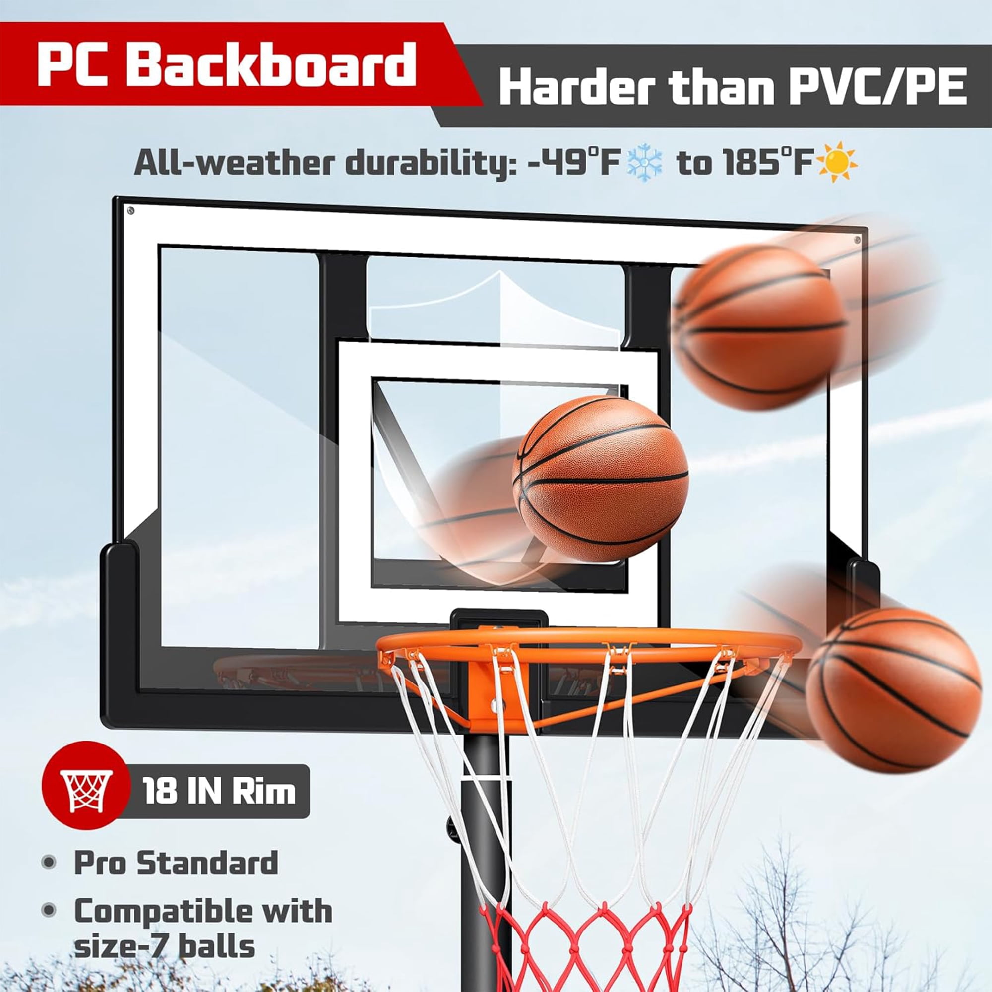 Toremore 40 in. Portable Basketball Hoop System, Height Adjustable Outdoor Goal with Shatterproof Backboard (White, 3.3-10 ft) uwc35