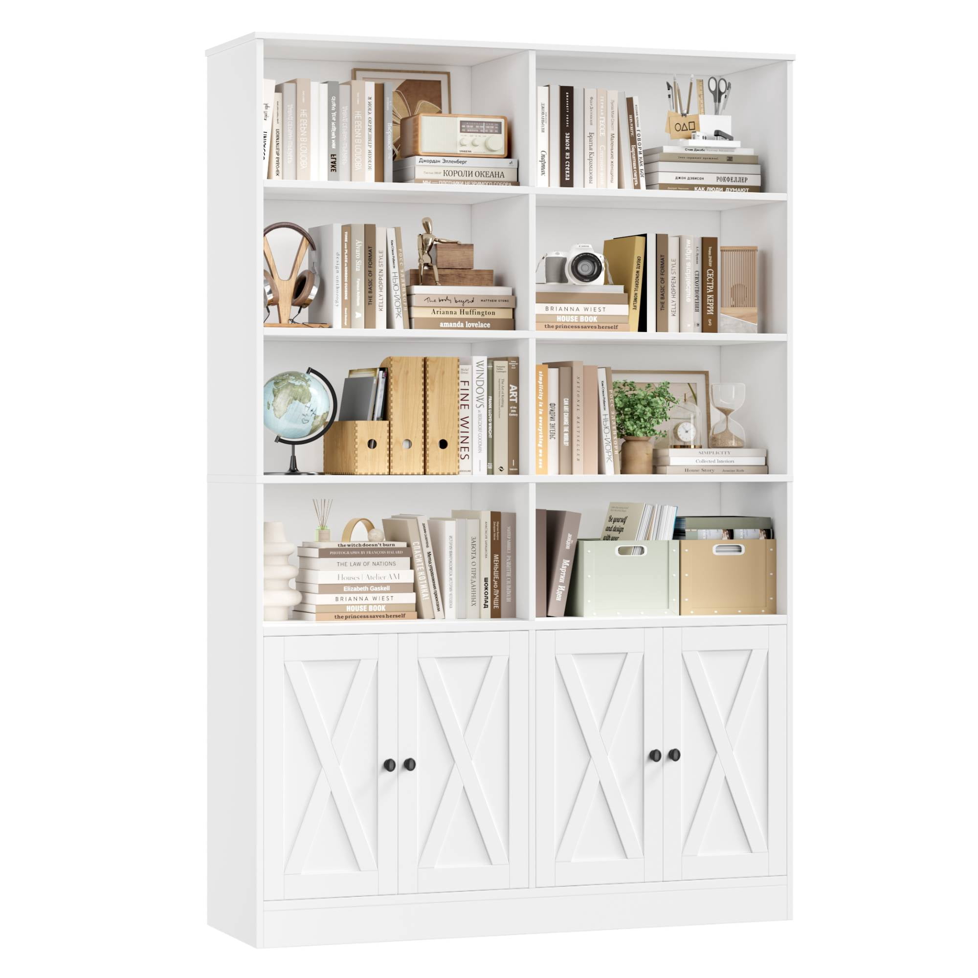 Hiphuta Tall Bookcase with Doors and Shelves, Freestanding Storage Display Cabinet for Home Office (White, 71 in H x 47.2 in W) nux95