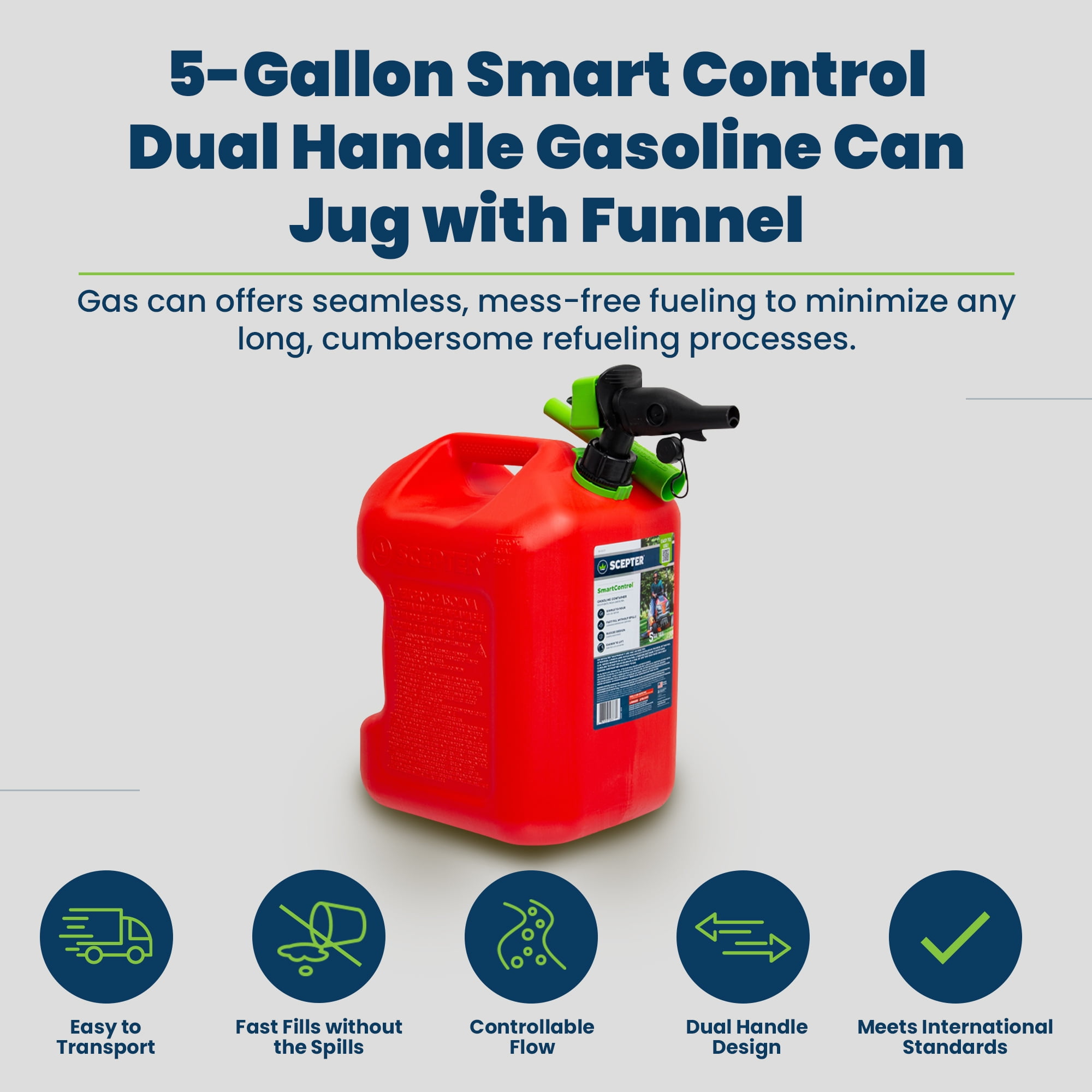 Scepter SmartControl Gasoline Fuel Jug with Funnel (Red, 5 Gallon) in3ii