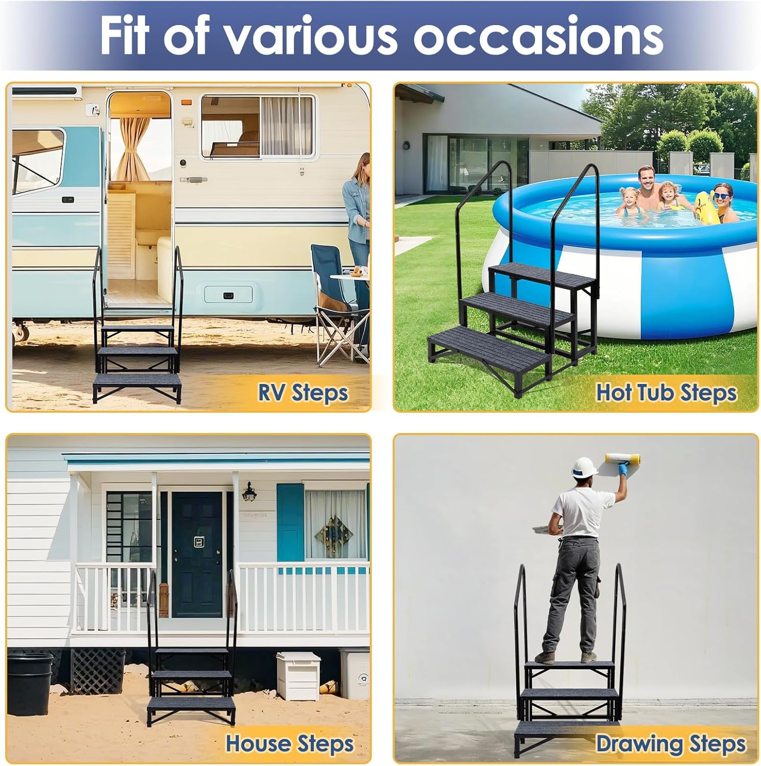 SELOOYE 3-Tier RV Steps with Dual Handrails, Heavy-Duty Steel Camper Stairs, Non-Slip Platform (Black, 660 lb) 27kf9