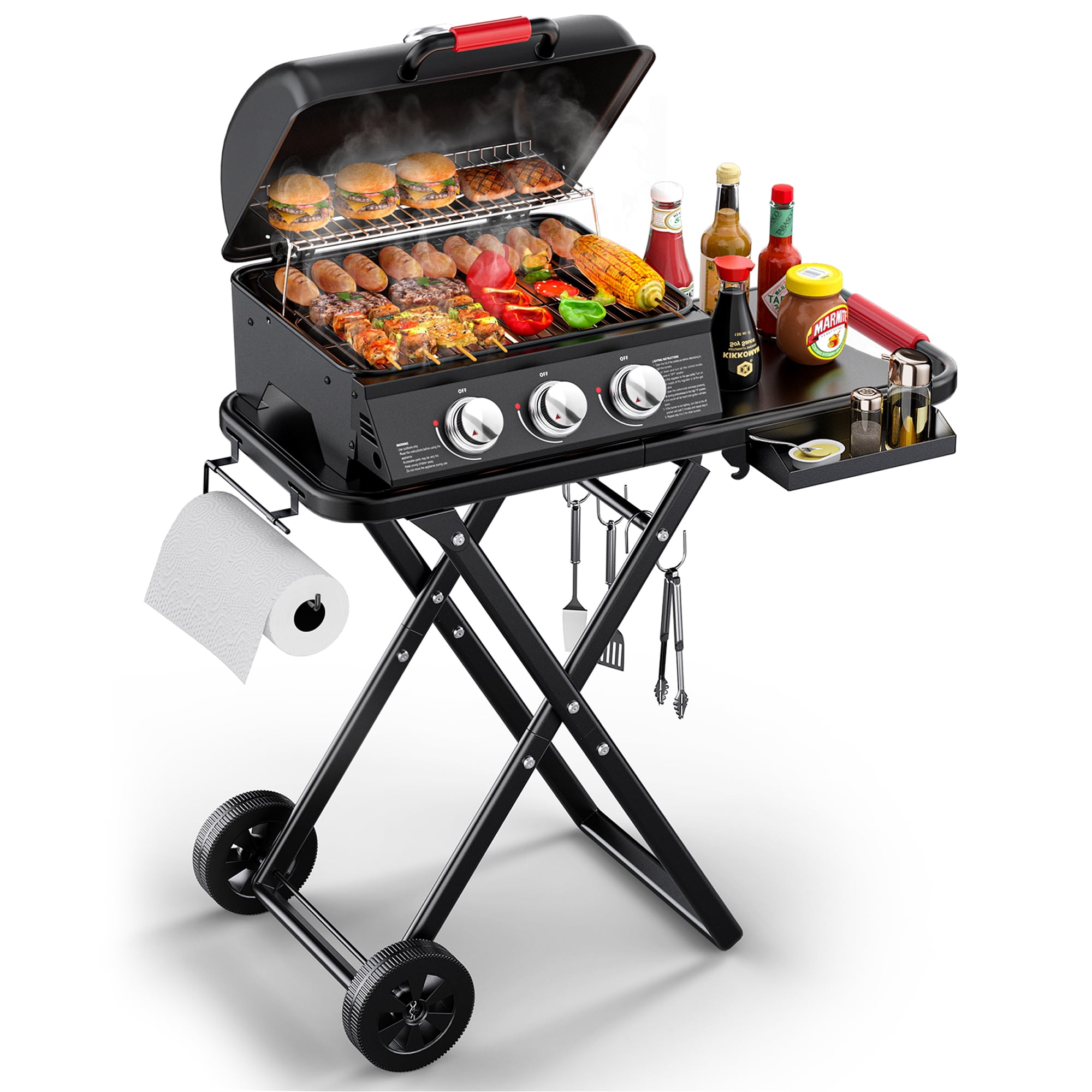 NICWIN 3-Burner Portable Gas Grill with Foldable Legs, 30,000 BTU Outdoor BBQ Grill for Camping and Tailgating (Black, 415 sq in) m8qsg