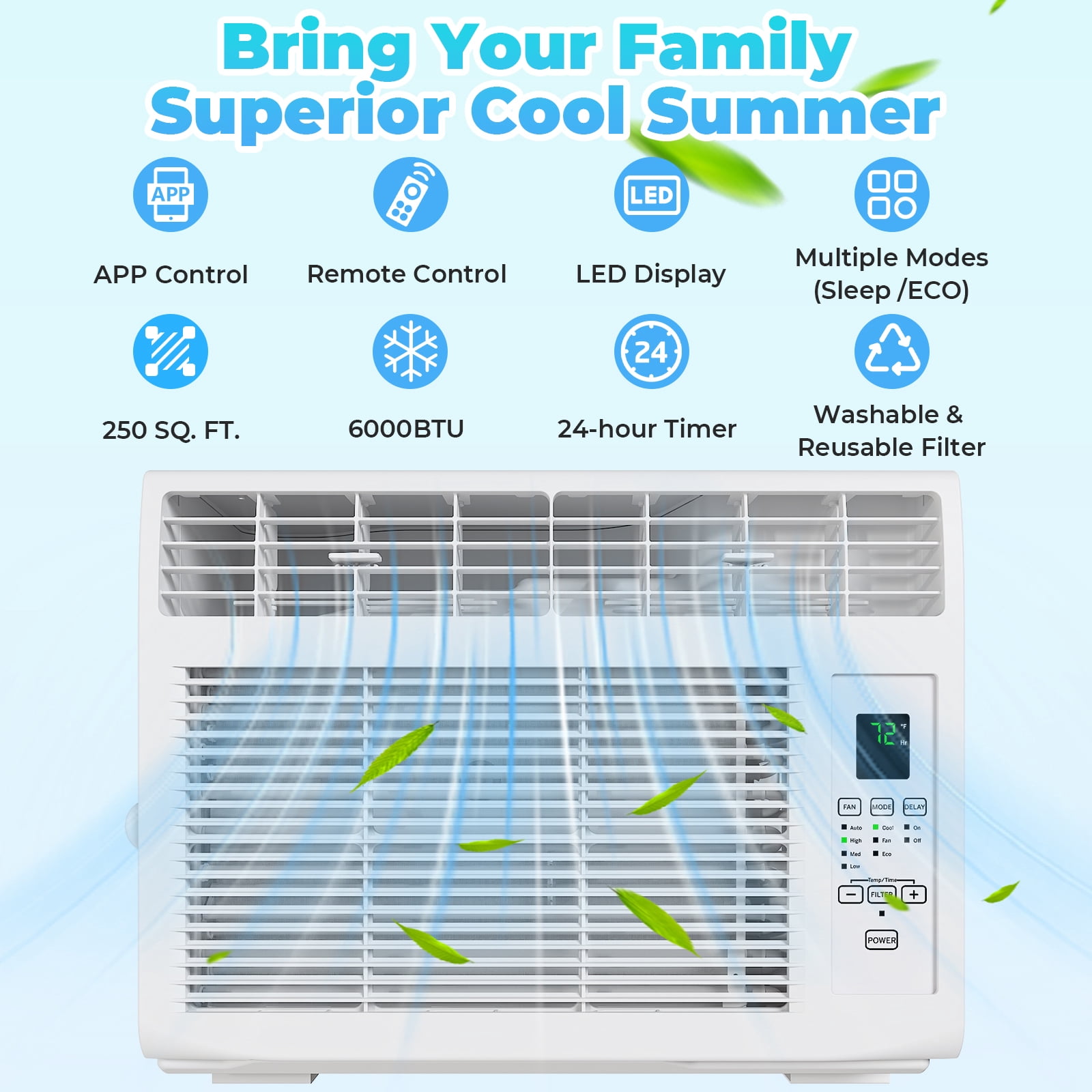 Ktaxon 6000 BTU Window Air Conditioner, 3-in-1 Cooling Fan and Dehumidifier with Remote Control (White, 250 Sq. Ft. Coverage) a28tg