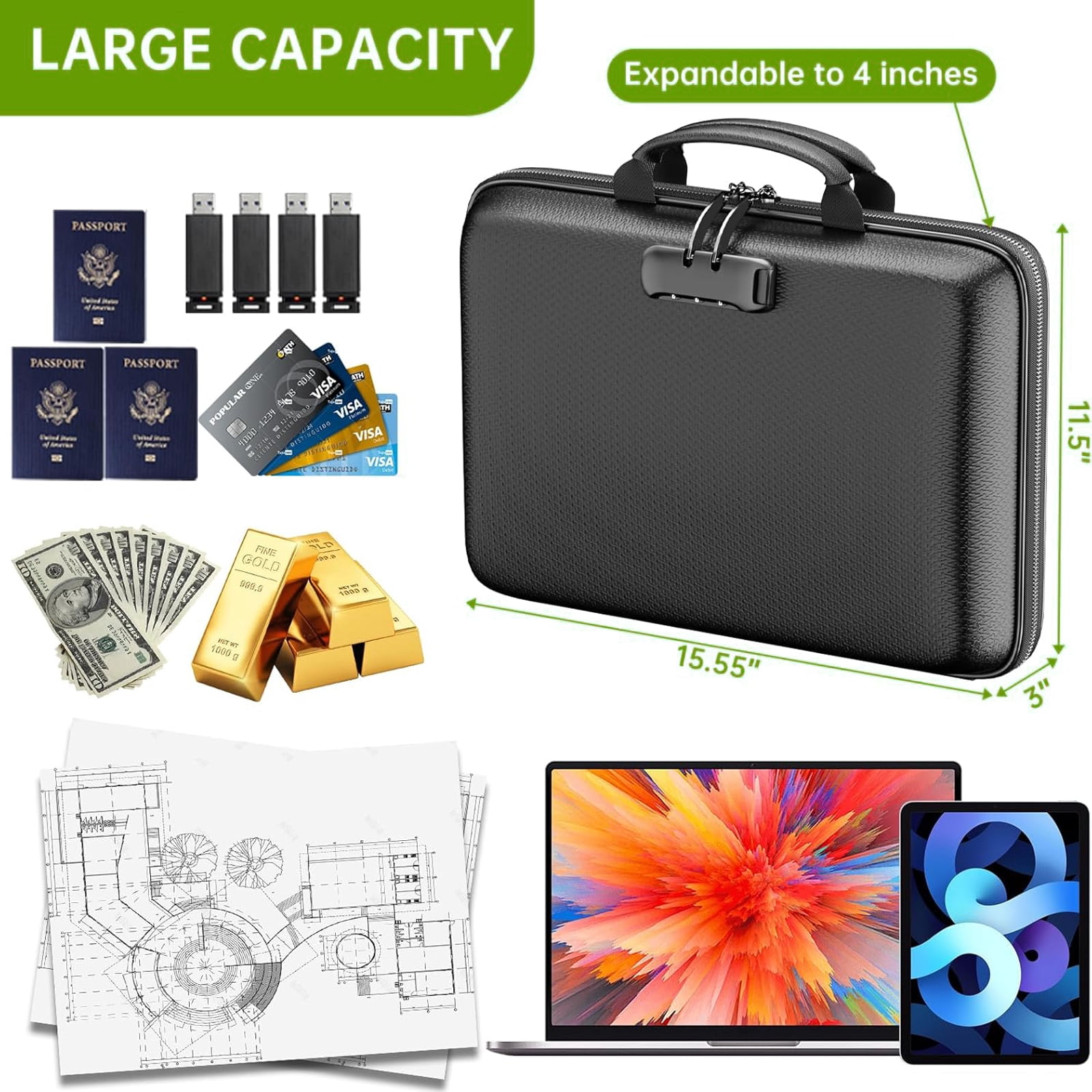 OUTGOO Fireproof File Organizer with Lock, Hard-Shell Document Storage Box with 13-Pocket Accordion Folder (Black, 15.5 in x 11.5 in x 3 in) 4eyu5