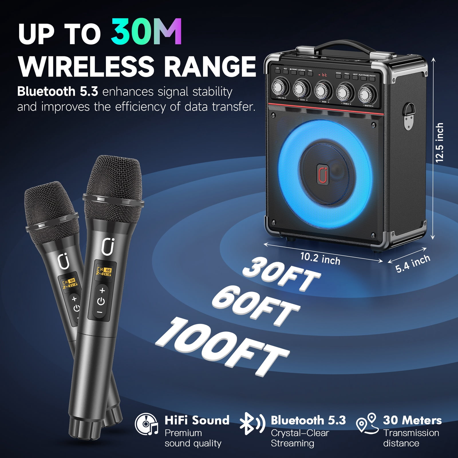 JAUYXIAN Portable Karaoke Machine with 2 Wireless Microphones, Bluetooth Speaker System for Parties (Black, 6.5 in Subwoofer) 0blqp